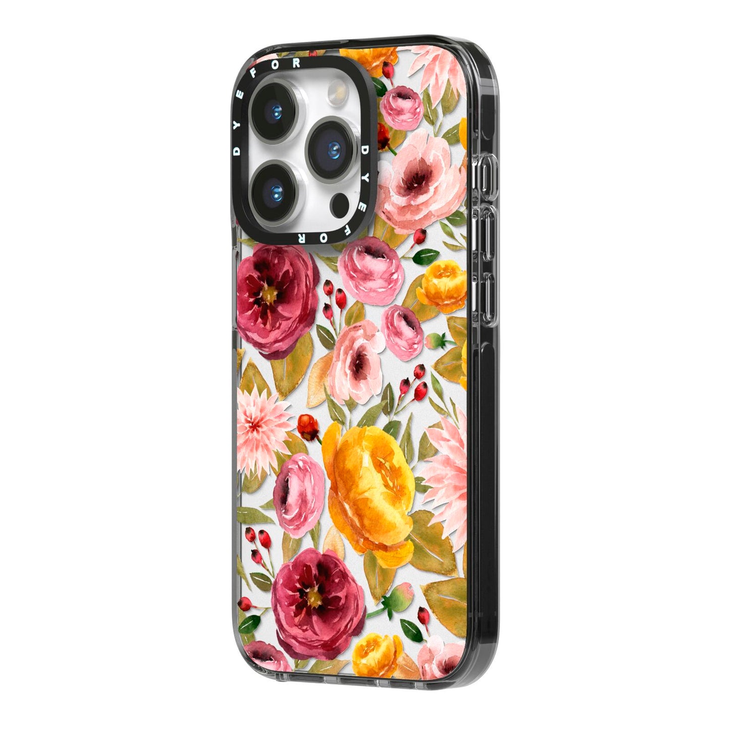 Pink and Mustard Floral iPhone 14 Pro Black Impact Case Side Angle on Silver phone