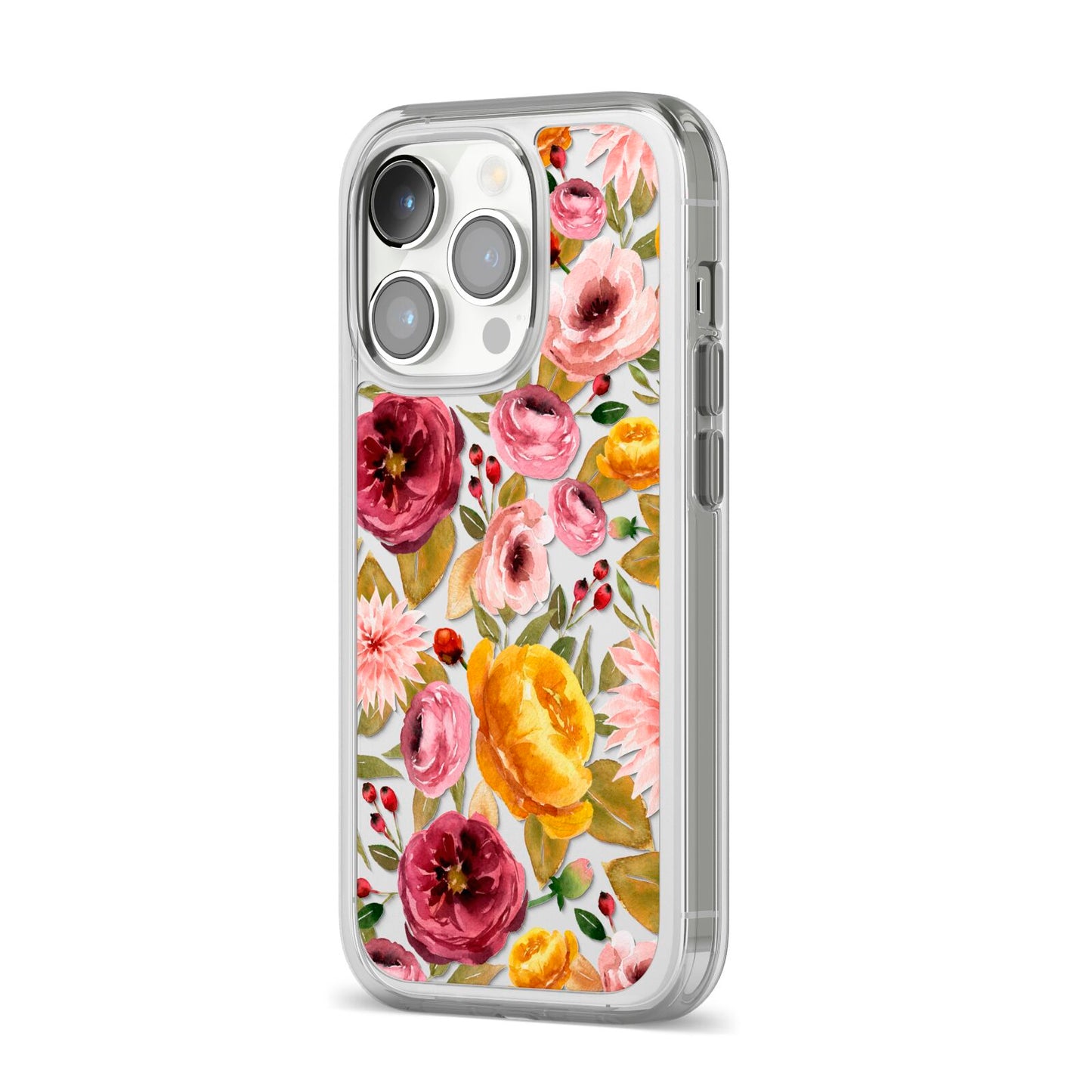 Pink and Mustard Floral iPhone 14 Pro Clear Tough Case Silver Angled Image