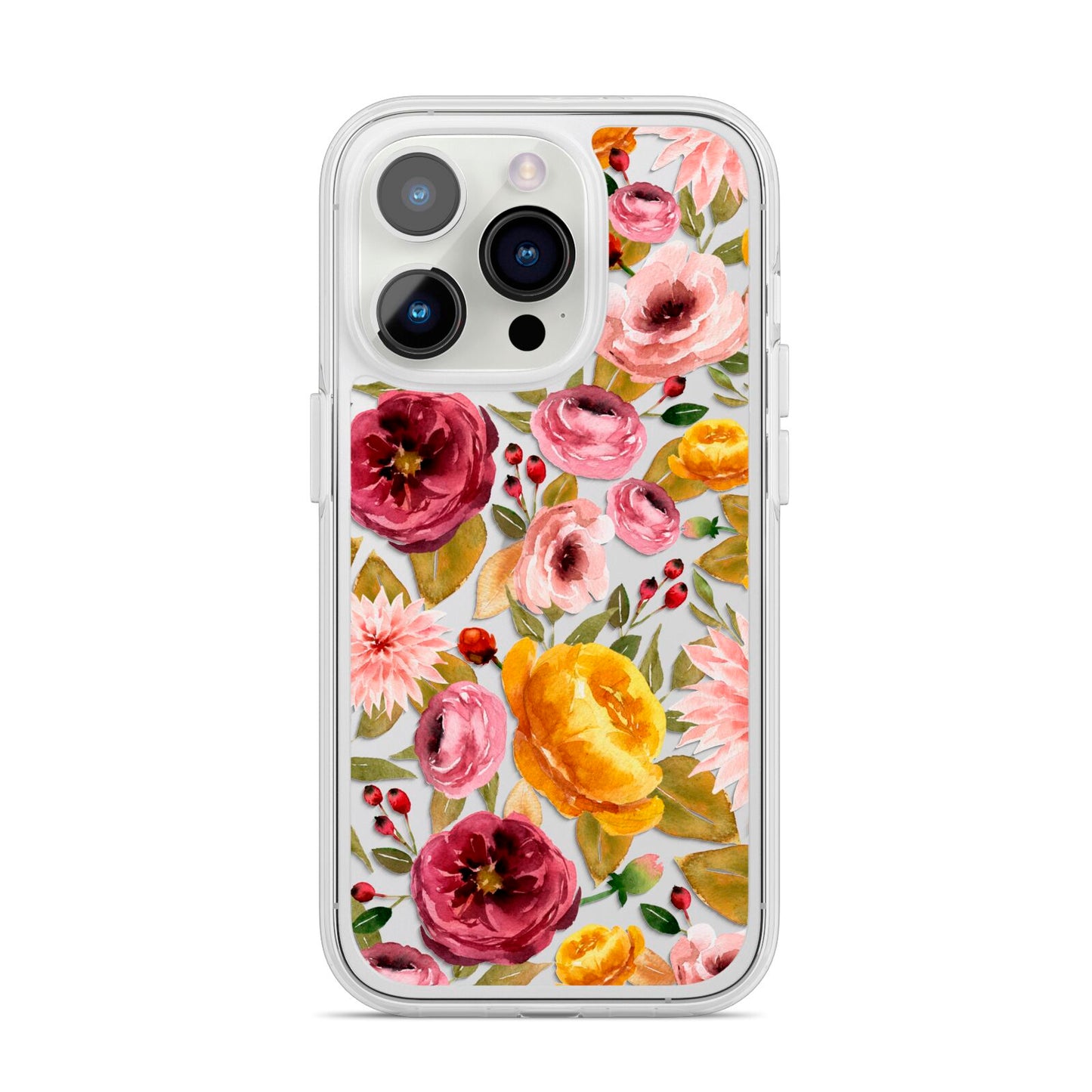 Pink and Mustard Floral iPhone 14 Pro Clear Tough Case Silver