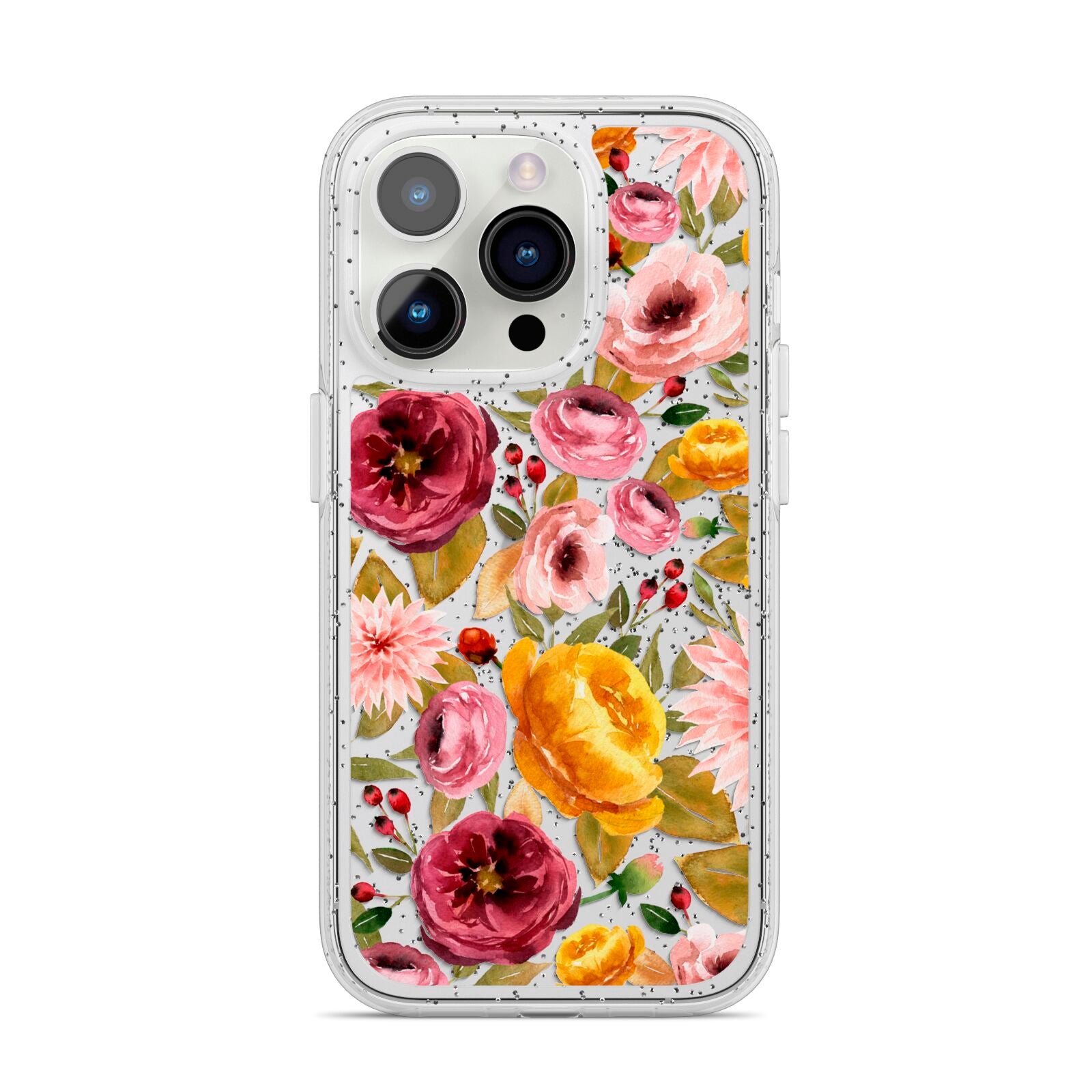 Pink and Mustard Floral iPhone 14 Pro Glitter Tough Case Silver