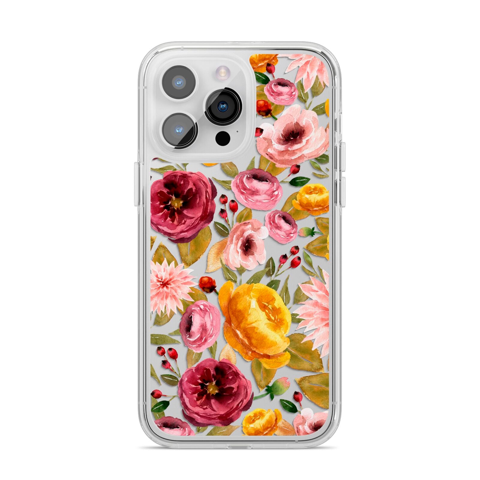 Pink and Mustard Floral iPhone 14 Pro Max Clear Tough Case Silver