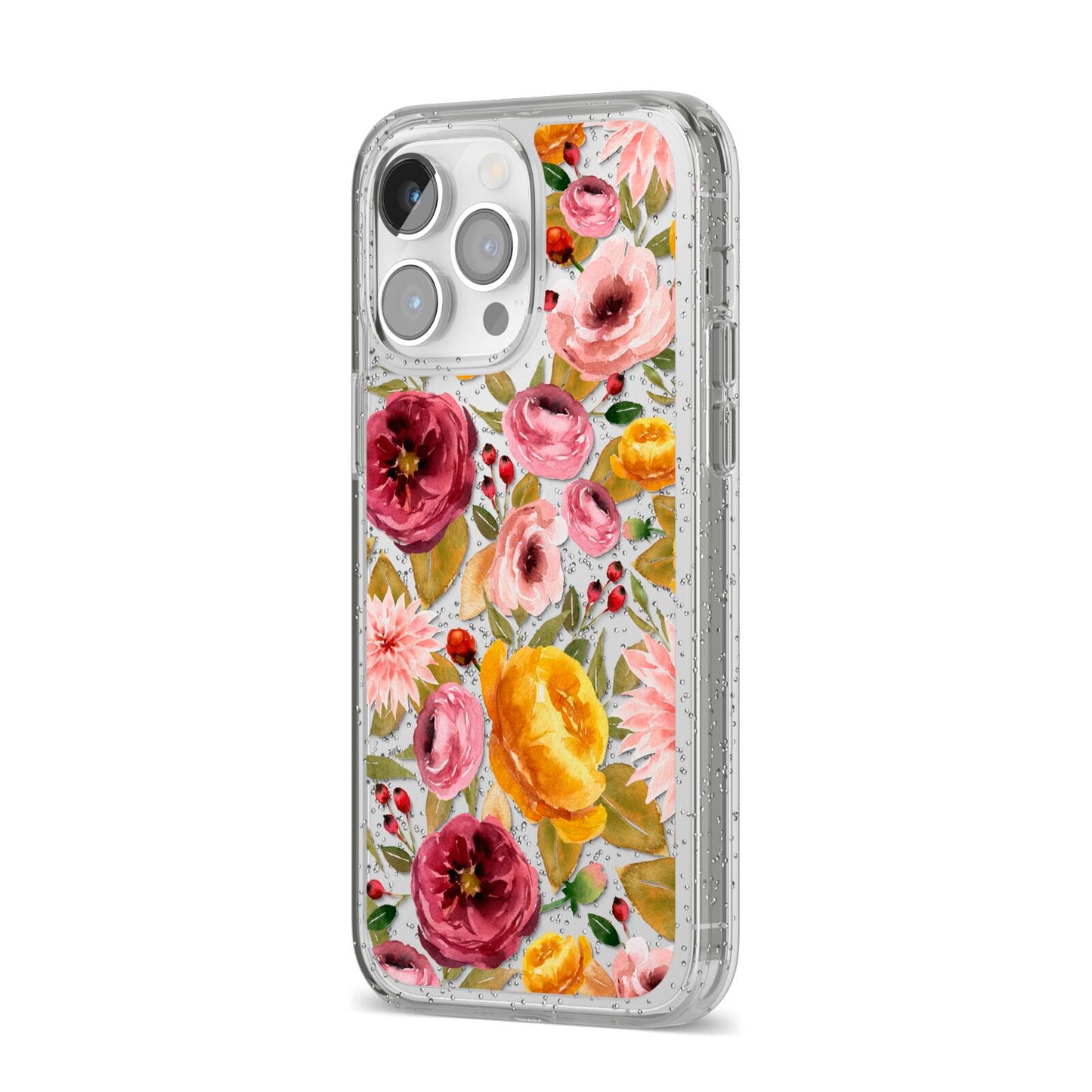 Pink and Mustard Floral iPhone 14 Pro Max Glitter Tough Case Silver Angled Image