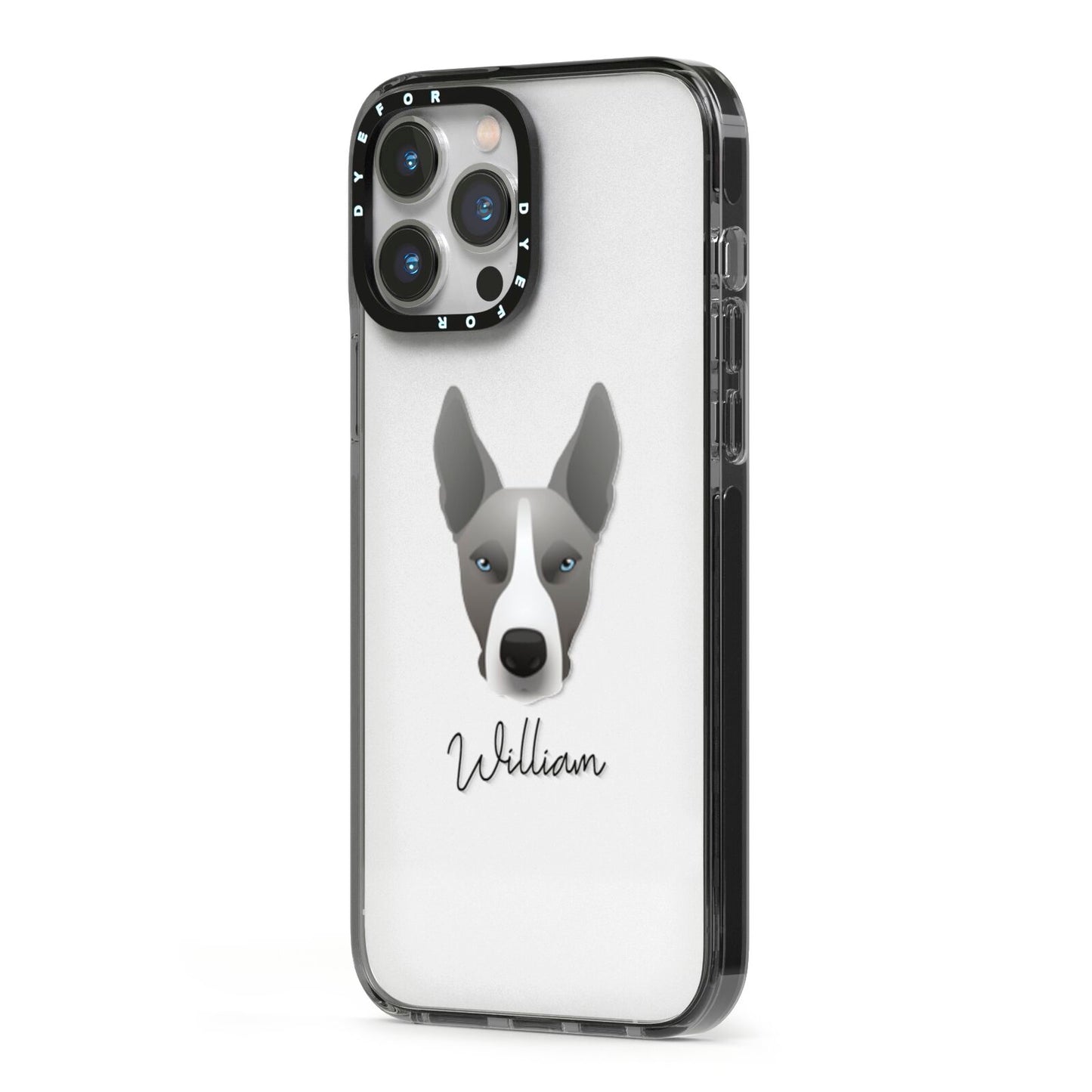 Pitsky Personalised iPhone 13 Pro Max Black Impact Case Side Angle on Silver phone