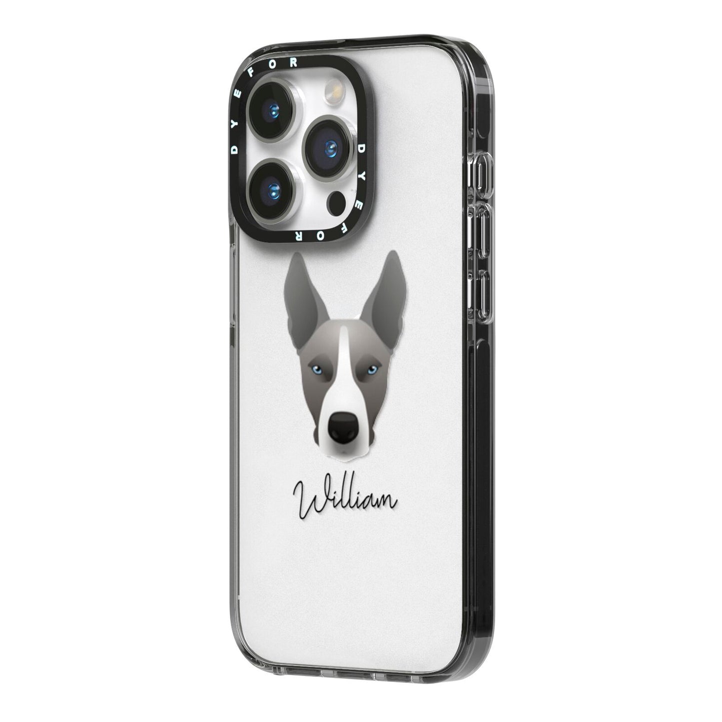 Pitsky Personalised iPhone 14 Pro Black Impact Case Side Angle on Silver phone