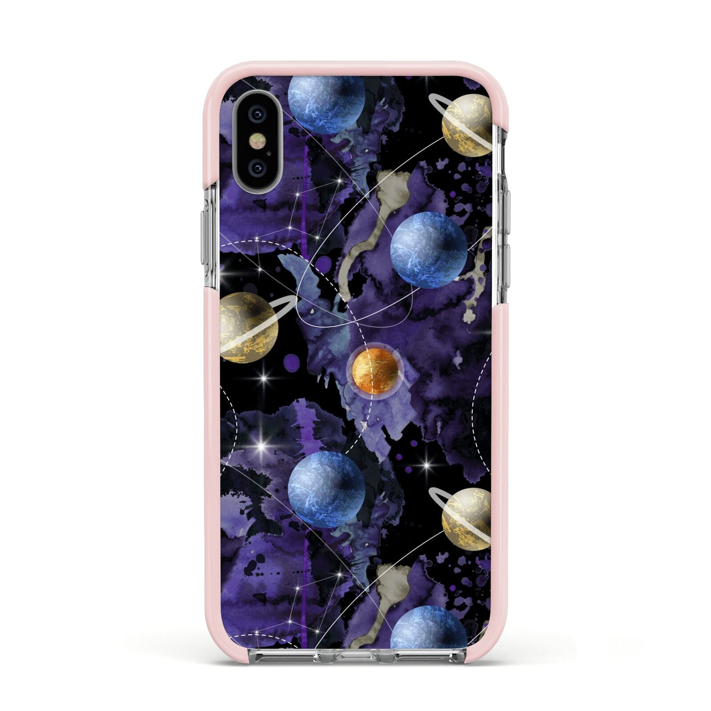 Planet Apple iPhone Xs Impact Case Pink Edge on Silver Phone