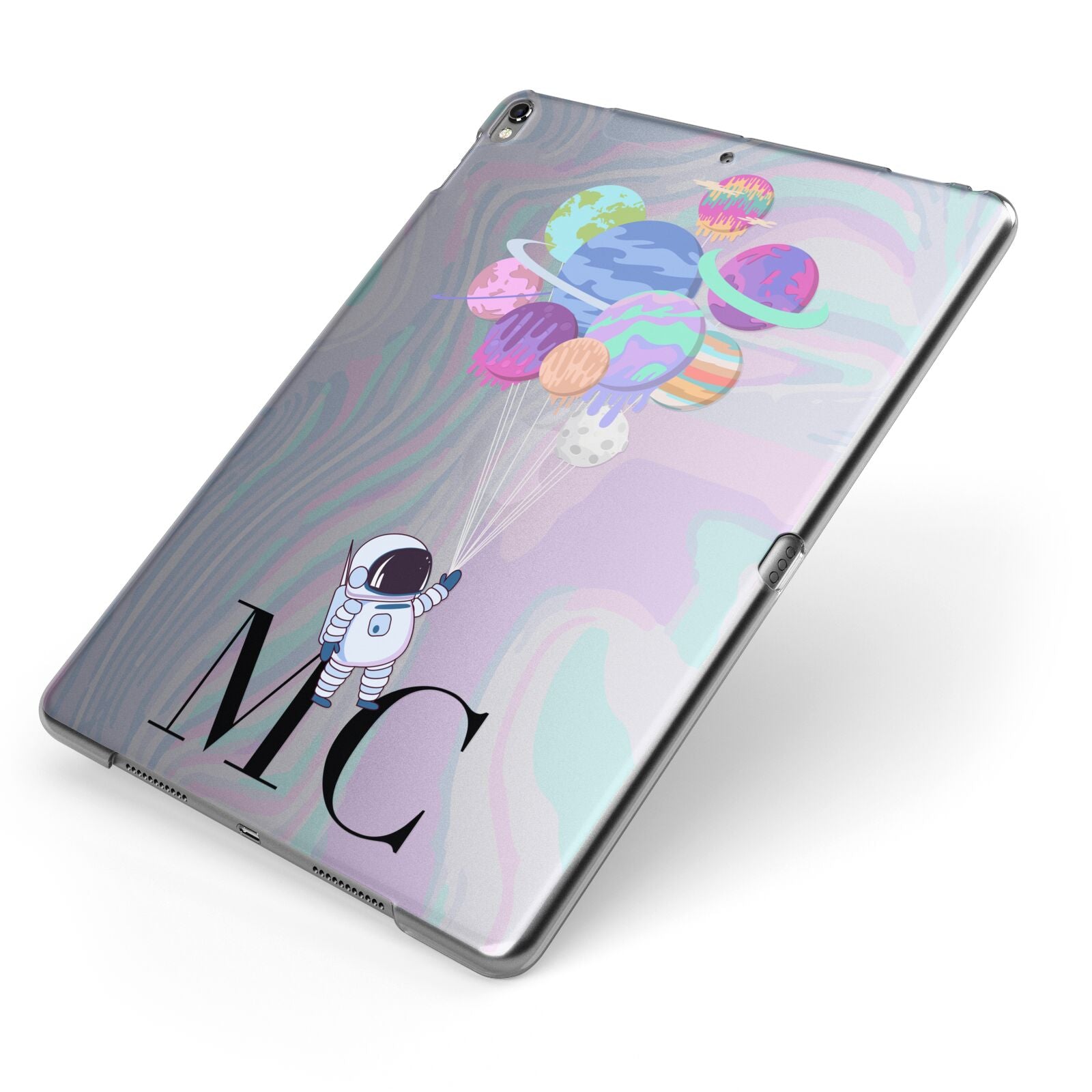 Planet Balloons with Initials Apple iPad Case on Grey iPad Side View