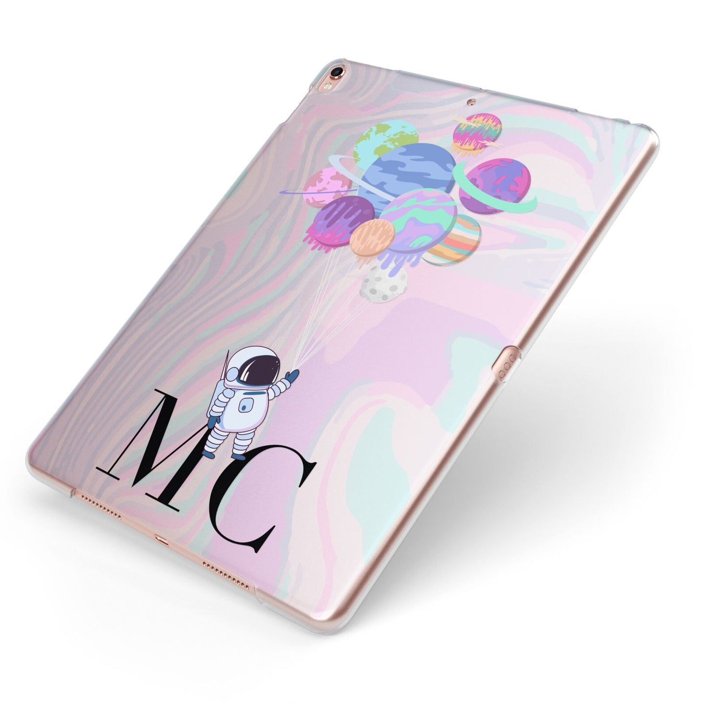 Planet Balloons with Initials Apple iPad Case on Rose Gold iPad Side View