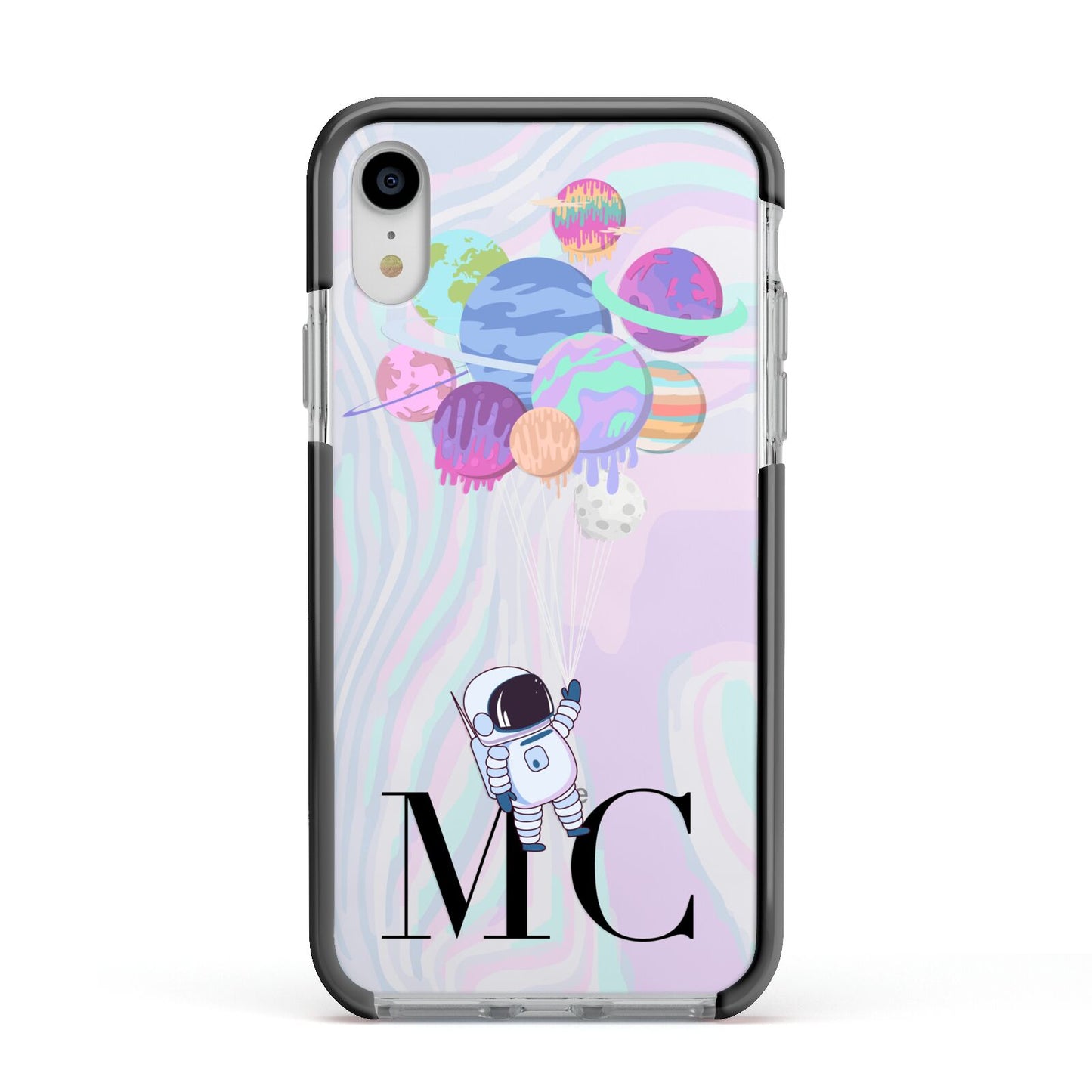 Planet Balloons with Initials Apple iPhone XR Impact Case Black Edge on Silver Phone