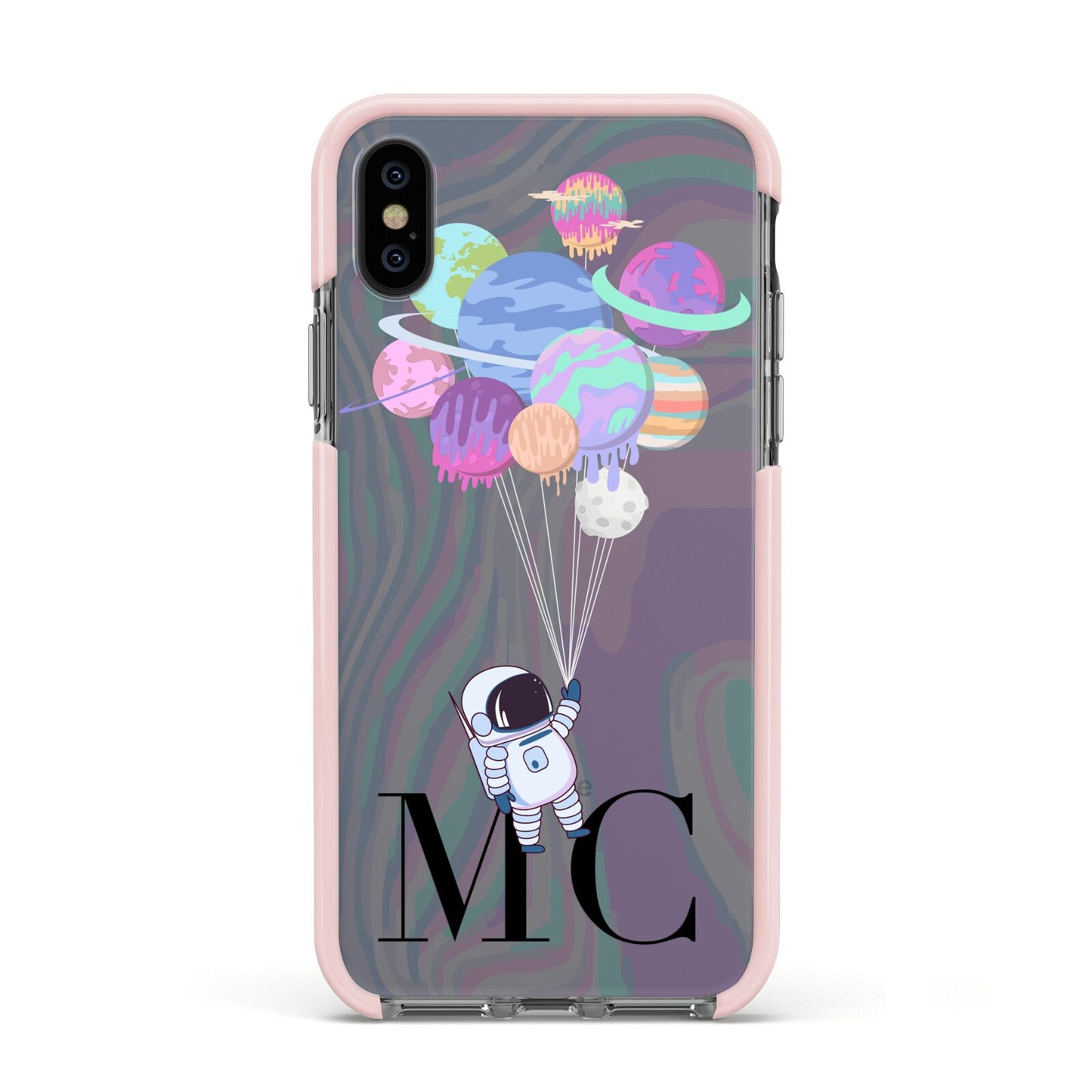 Planet Balloons with Initials Apple iPhone Xs Impact Case Pink Edge on Black Phone