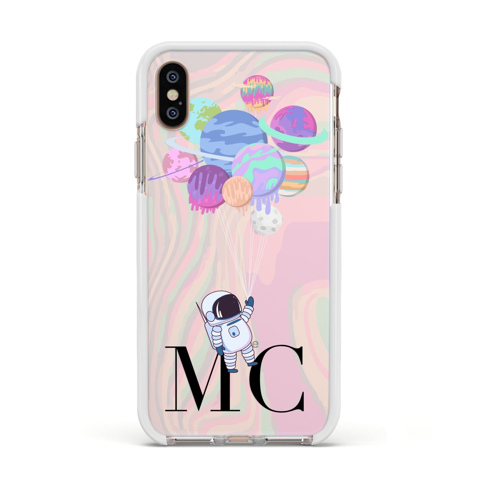 Planet Balloons with Initials Apple iPhone Xs Impact Case White Edge on Gold Phone