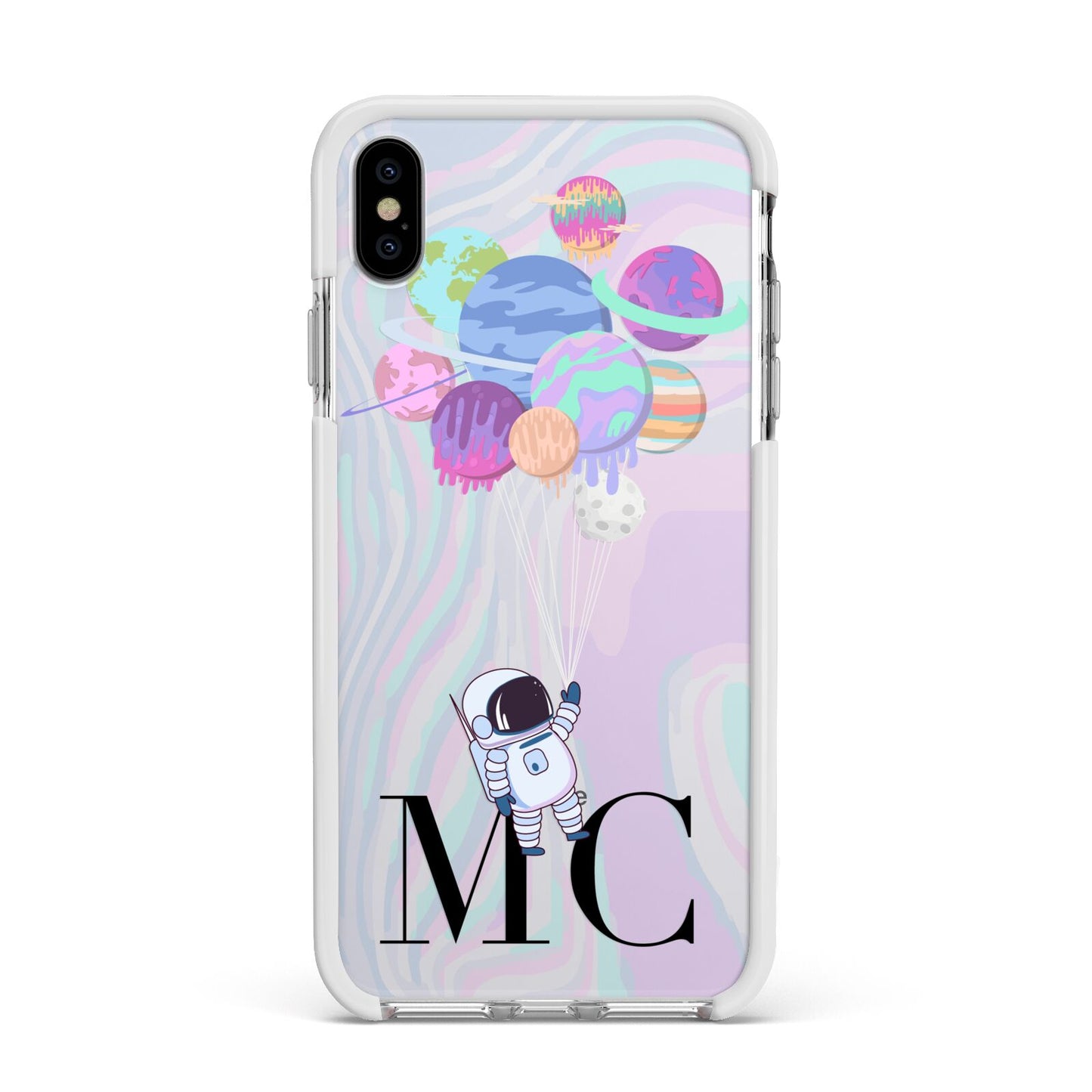 Planet Balloons with Initials Apple iPhone Xs Max Impact Case White Edge on Silver Phone