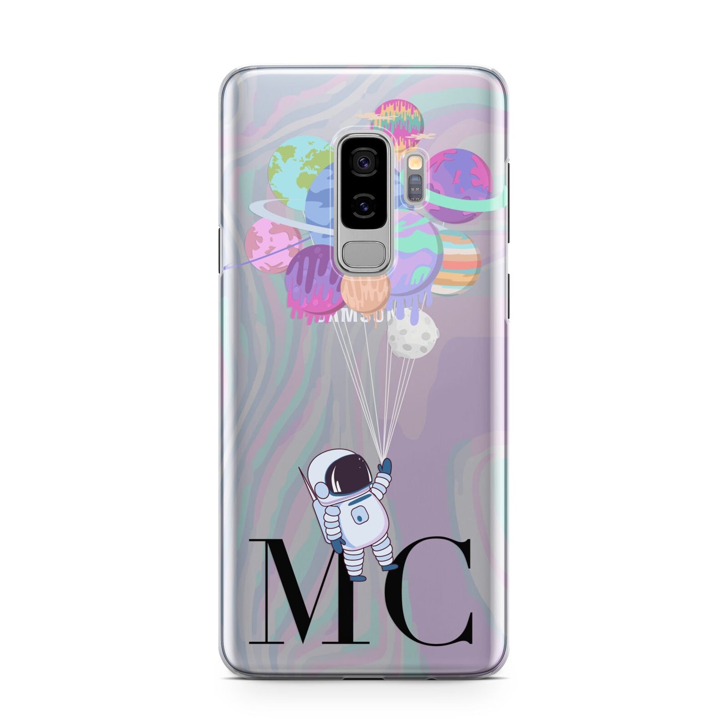 Planet Balloons with Initials Samsung Galaxy S9 Plus Case on Silver phone