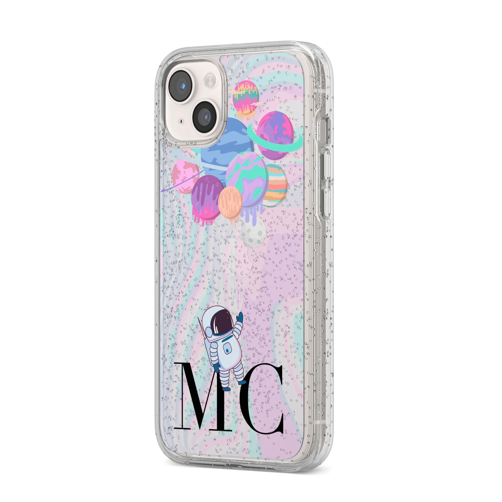 Planet Balloons with Initials iPhone 14 Plus Glitter Tough Case Starlight Angled Image