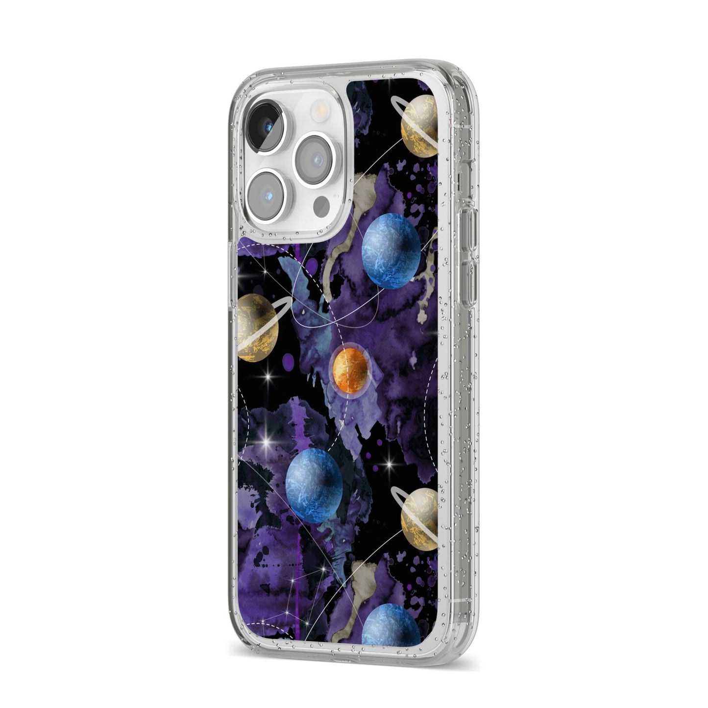 Planet iPhone 14 Pro Max Glitter Tough Case Silver Angled Image