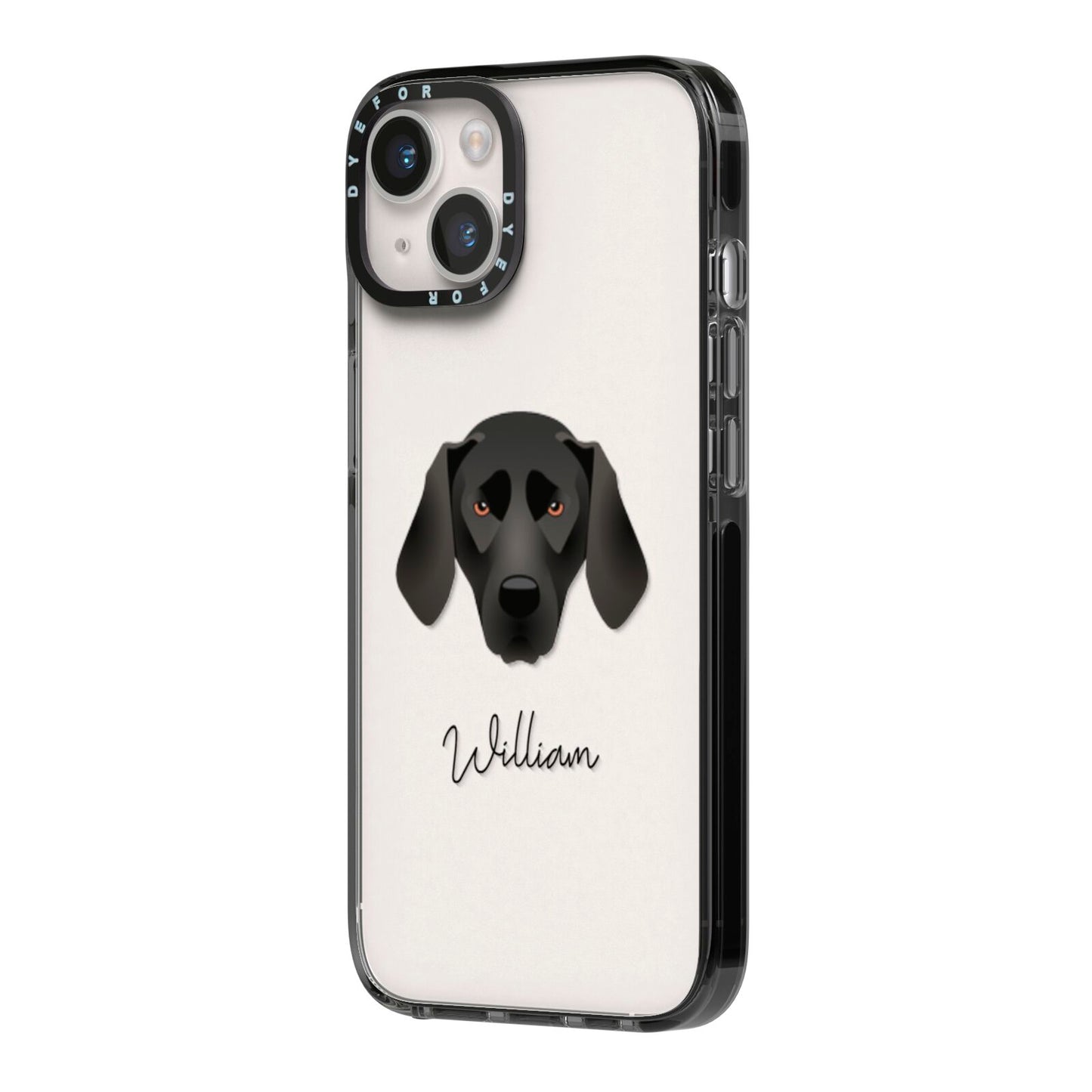 Plott Hound Personalised iPhone 14 Black Impact Case Side Angle on Silver phone