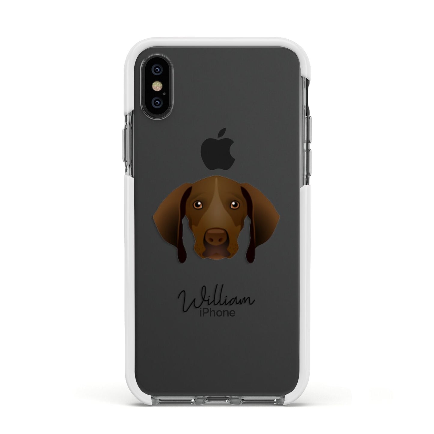 Pointer Personalised Apple iPhone Xs Impact Case White Edge on Black Phone