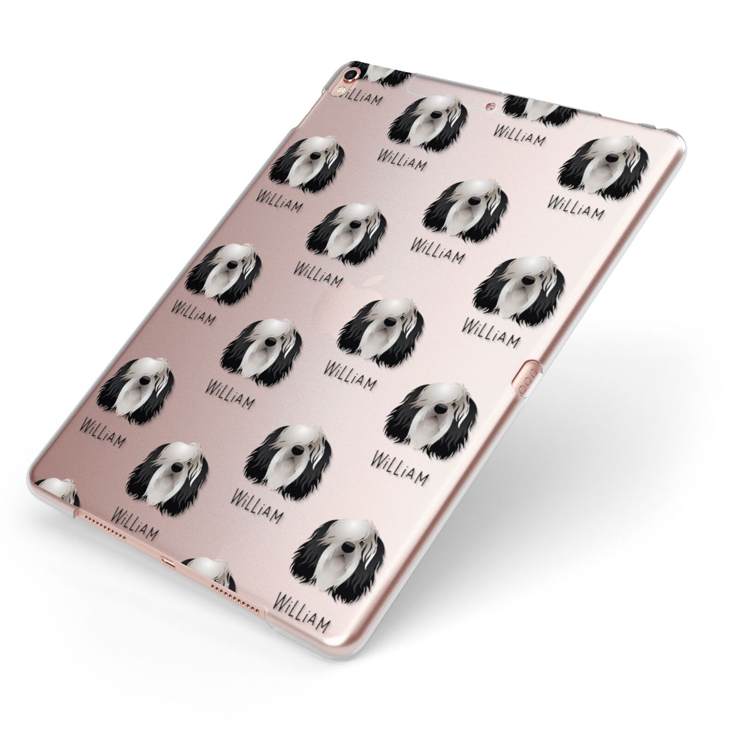 Polish Lowland Sheepdog Icon with Name Apple iPad Case on Rose Gold iPad Side View