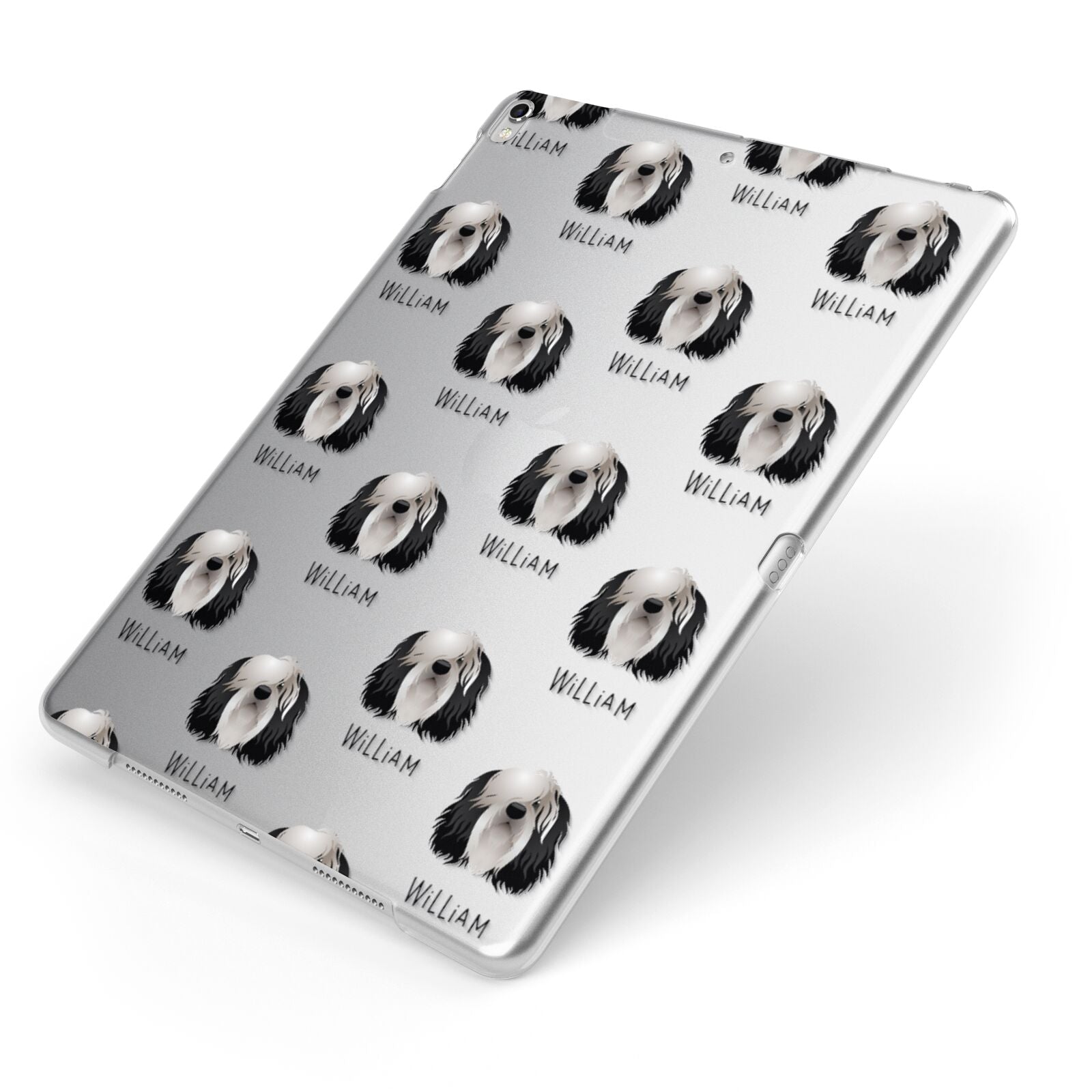 Polish Lowland Sheepdog Icon with Name Apple iPad Case on Silver iPad Side View