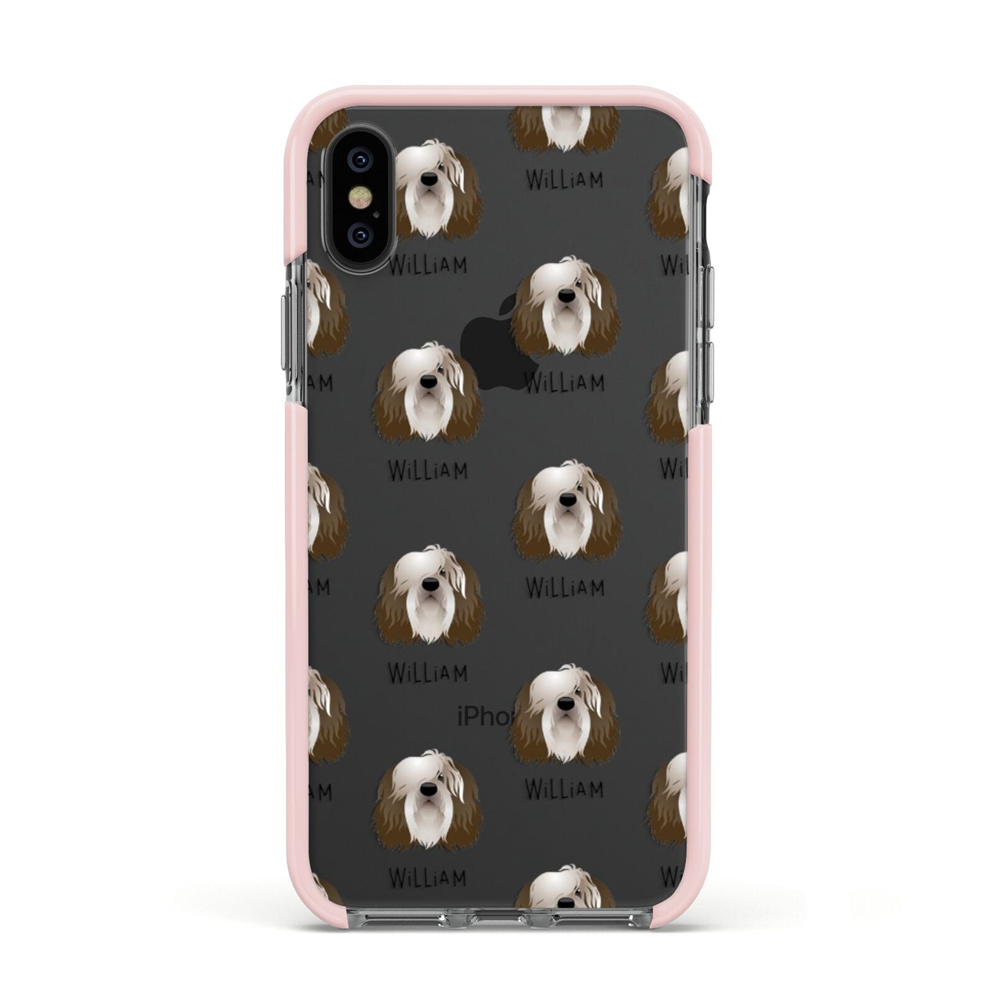 Polish Lowland Sheepdog Icon with Name Apple iPhone Xs Impact Case Pink Edge on Black Phone