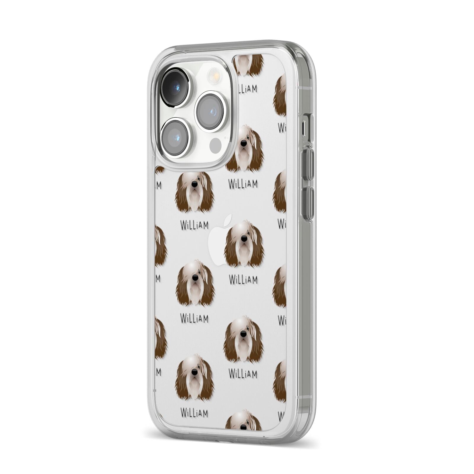 Polish Lowland Sheepdog Icon with Name iPhone 14 Pro Clear Tough Case Silver Angled Image