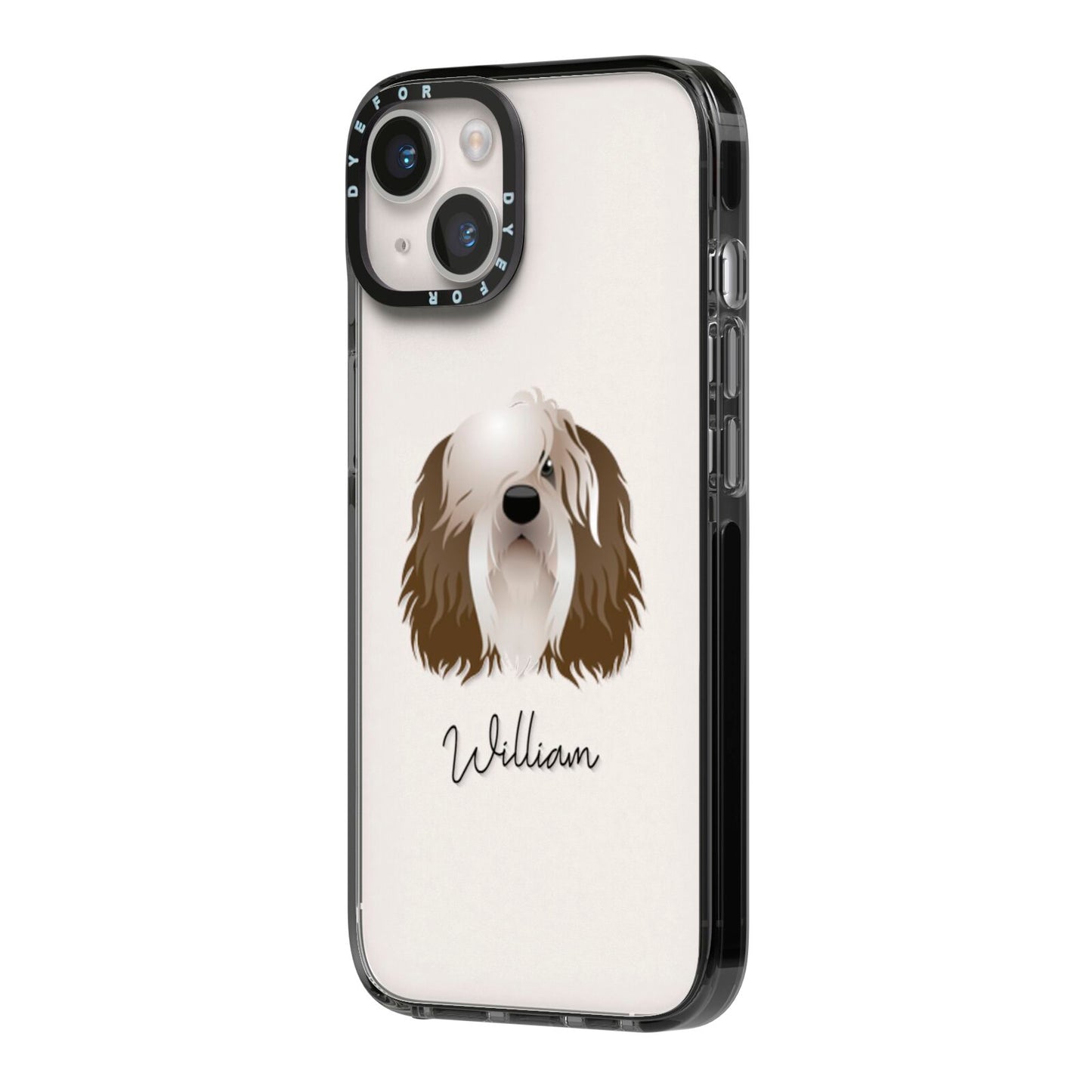 Polish Lowland Sheepdog Personalised iPhone 14 Black Impact Case Side Angle on Silver phone