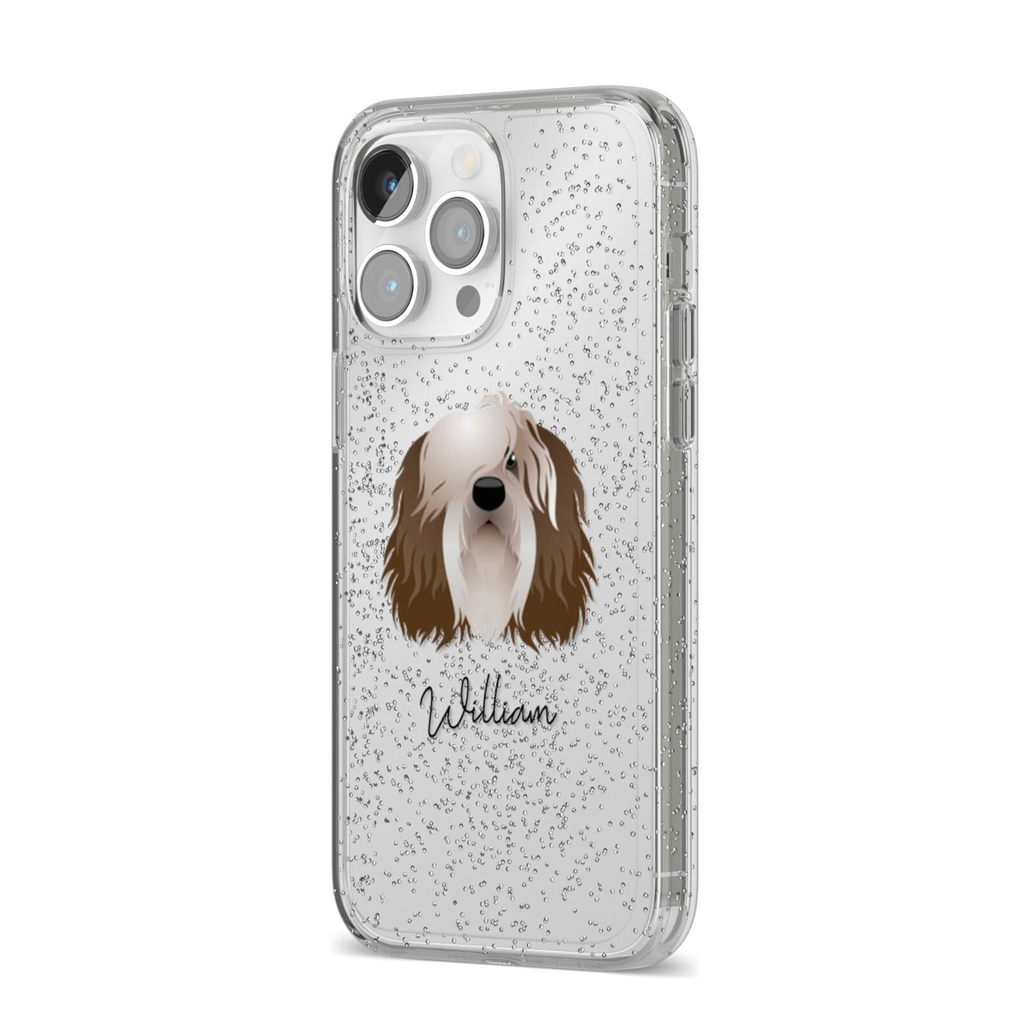 Polish Lowland Sheepdog Personalised iPhone 14 Pro Max Glitter Tough Case Silver Angled Image