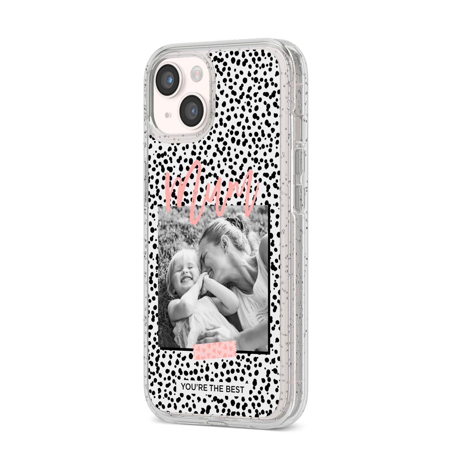 Polka Dot Mum iPhone 14 Glitter Tough Case Starlight Angled Image