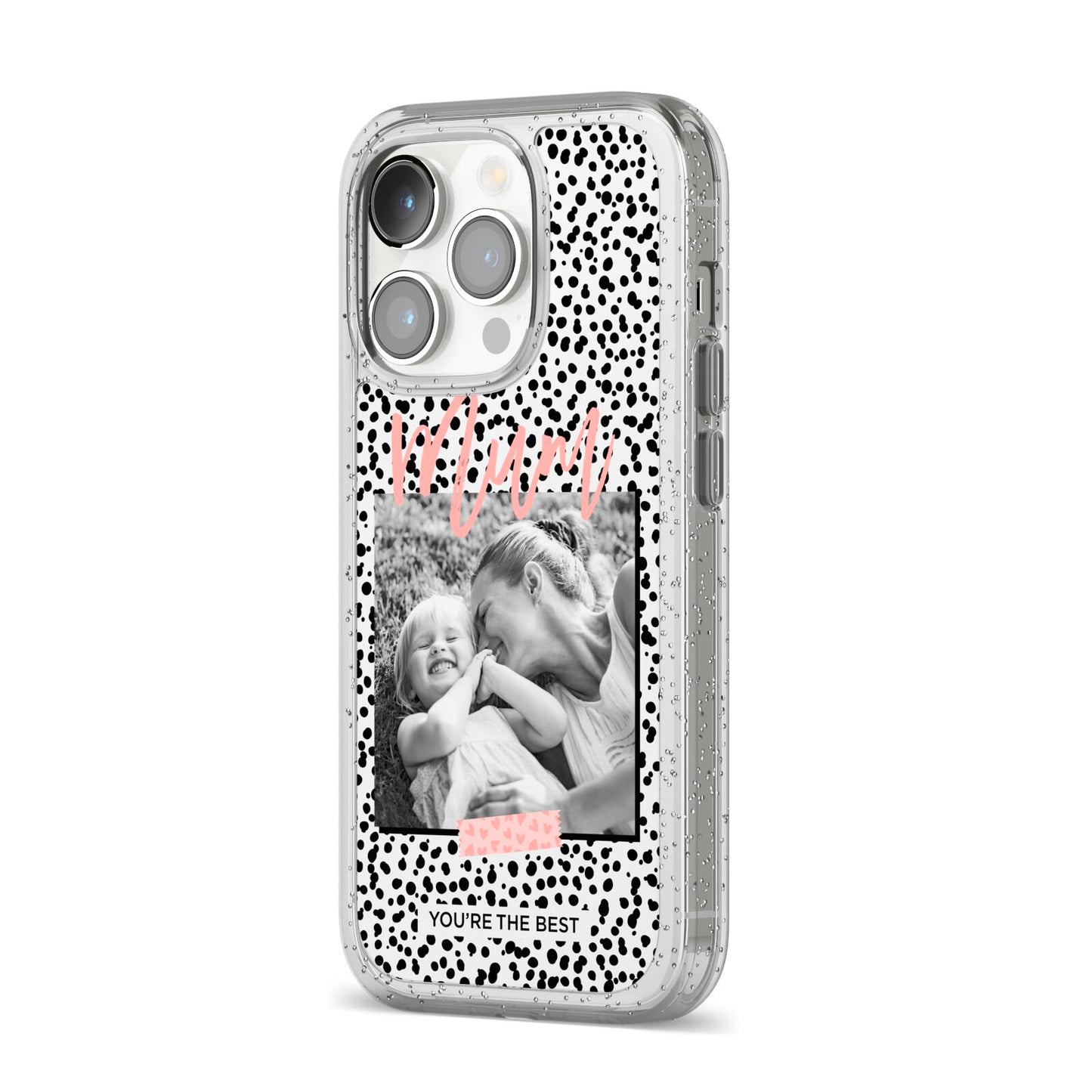 Polka Dot Mum iPhone 14 Pro Glitter Tough Case Silver Angled Image