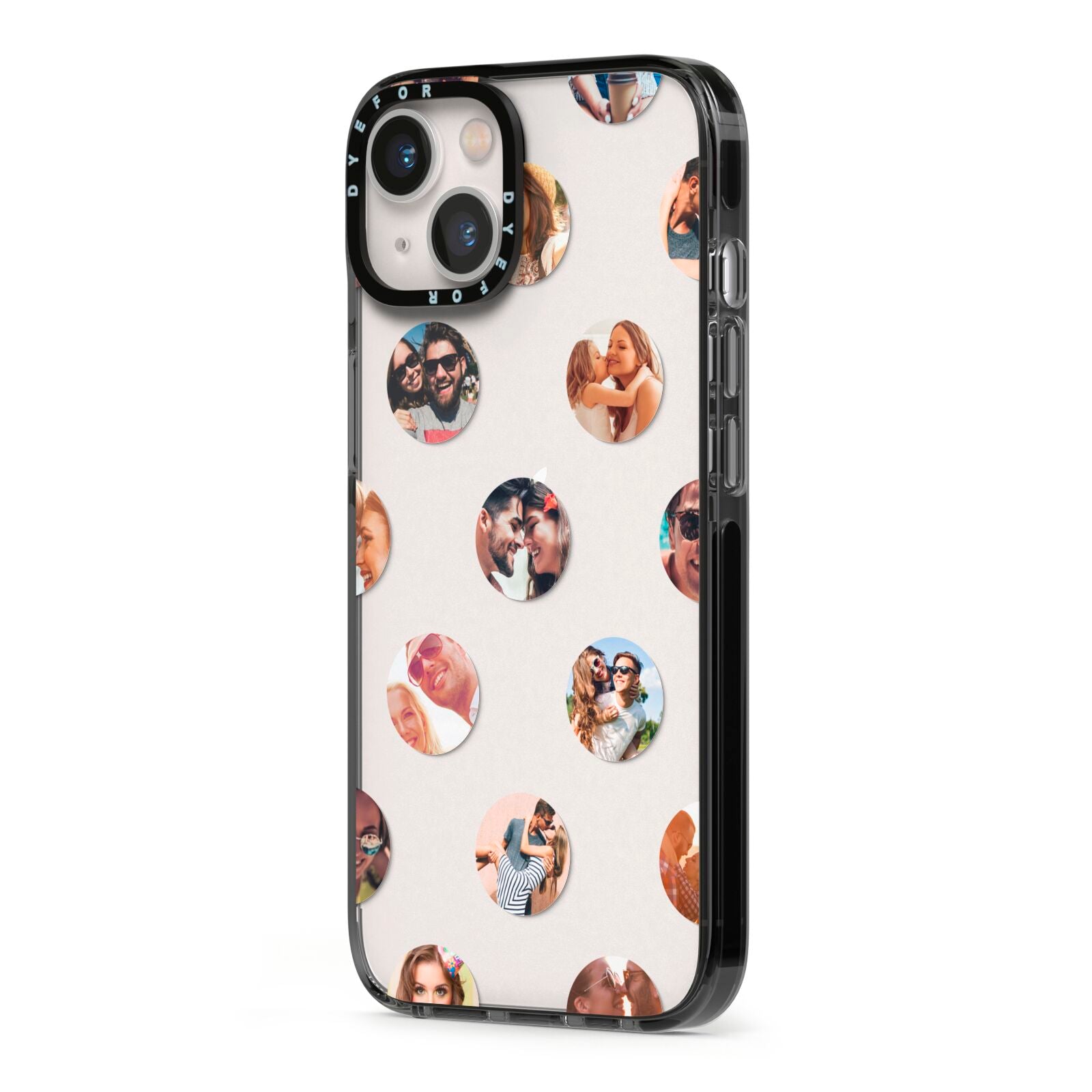 Polka Dot Photo Montage Upload iPhone 13 Black Impact Case Side Angle on Silver phone