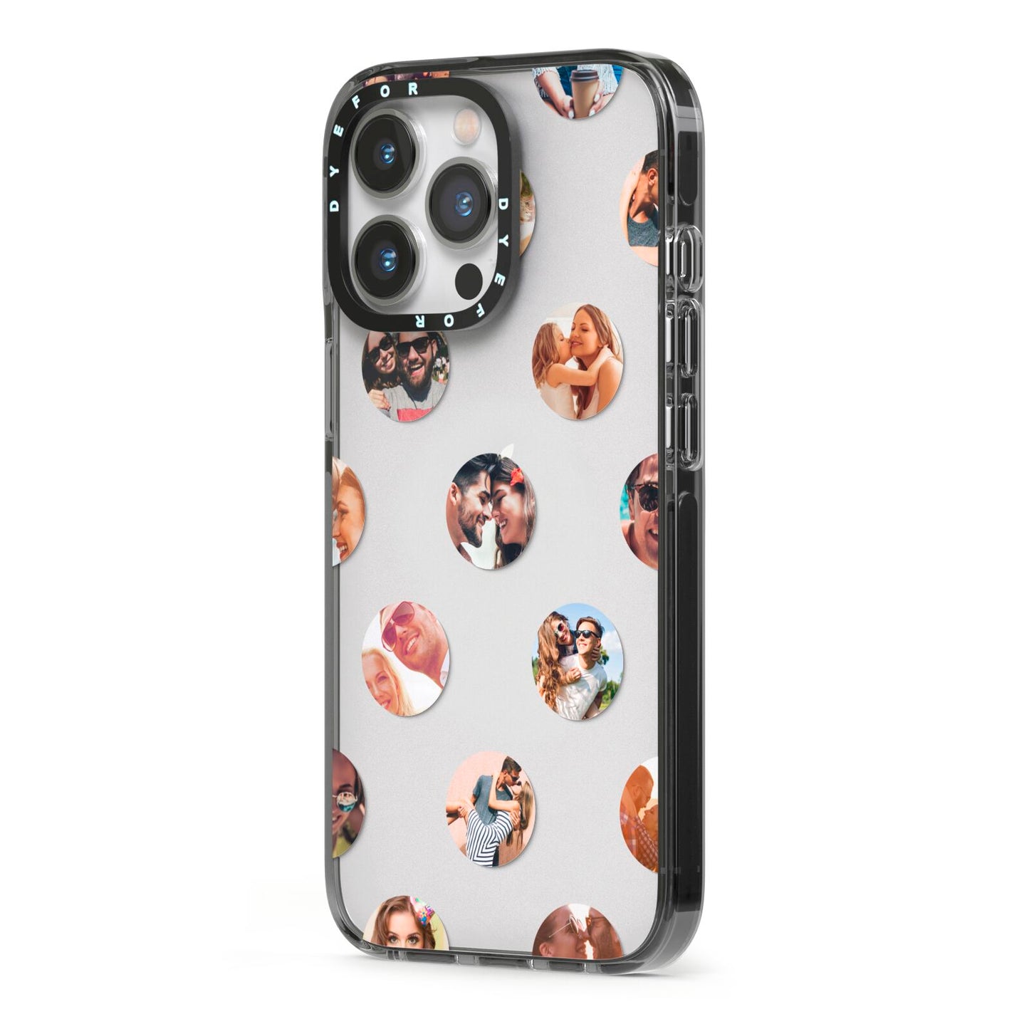 Polka Dot Photo Montage Upload iPhone 13 Pro Black Impact Case Side Angle on Silver phone