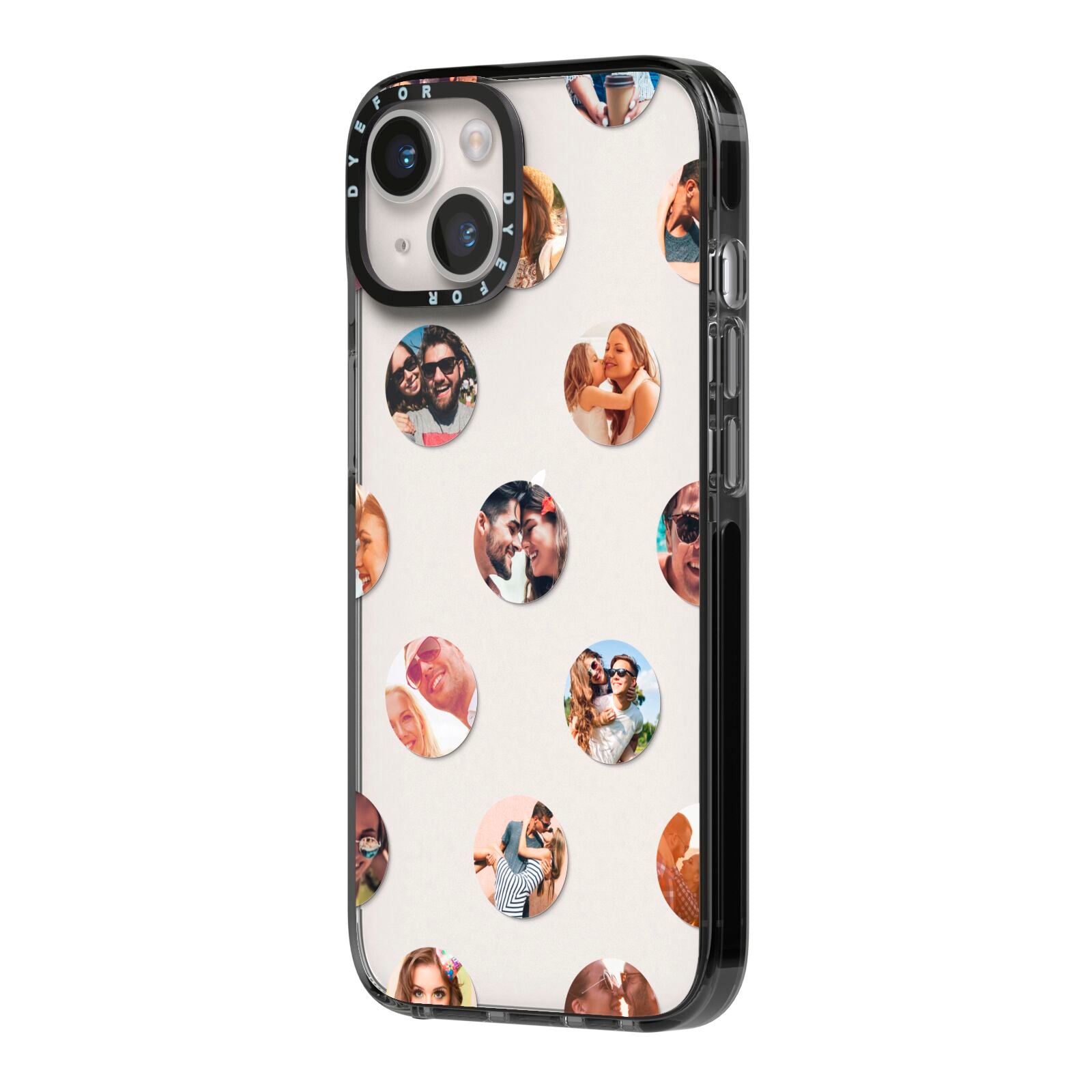 Polka Dot Photo Montage Upload iPhone 14 Black Impact Case Side Angle on Silver phone