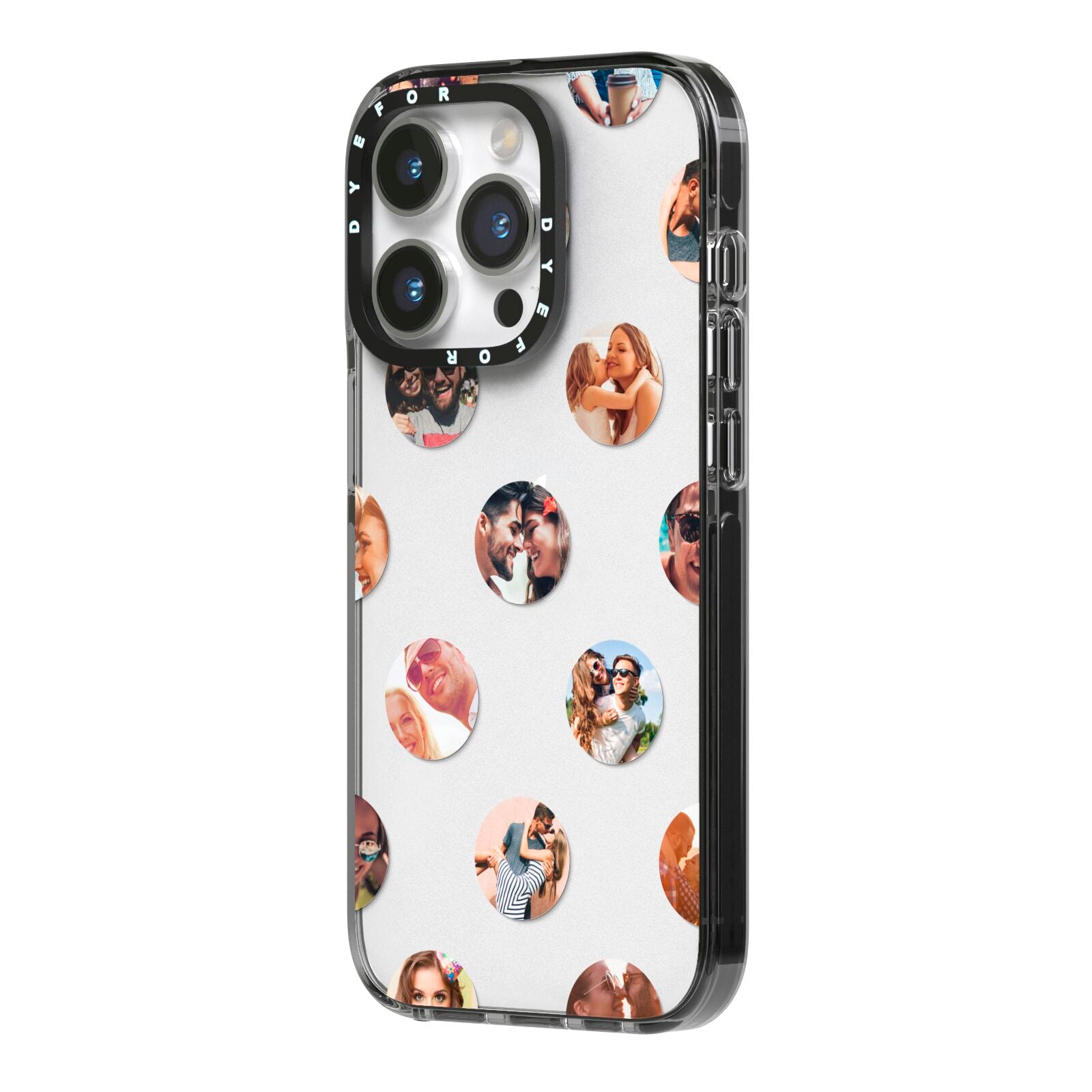 Polka Dot Photo Montage Upload iPhone 14 Pro Black Impact Case Side Angle on Silver phone