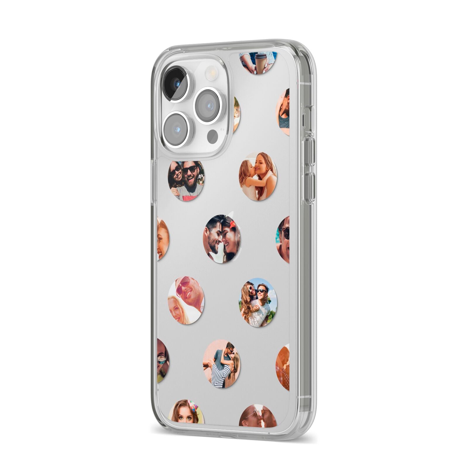 Polka Dot Photo Montage Upload iPhone 14 Pro Max Clear Tough Case Silver Angled Image