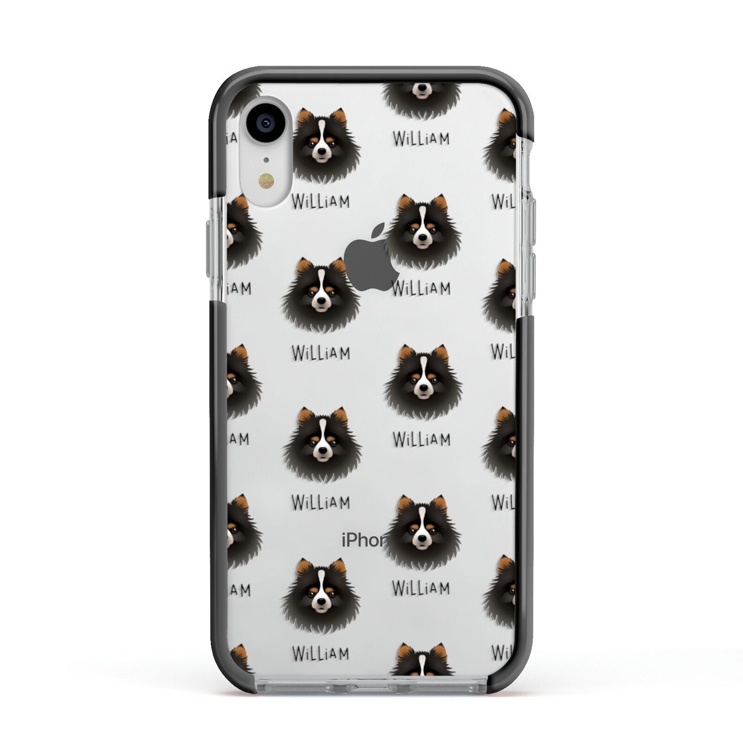 Pomchi Icon with Name Apple iPhone XR Impact Case Black Edge on Silver Phone