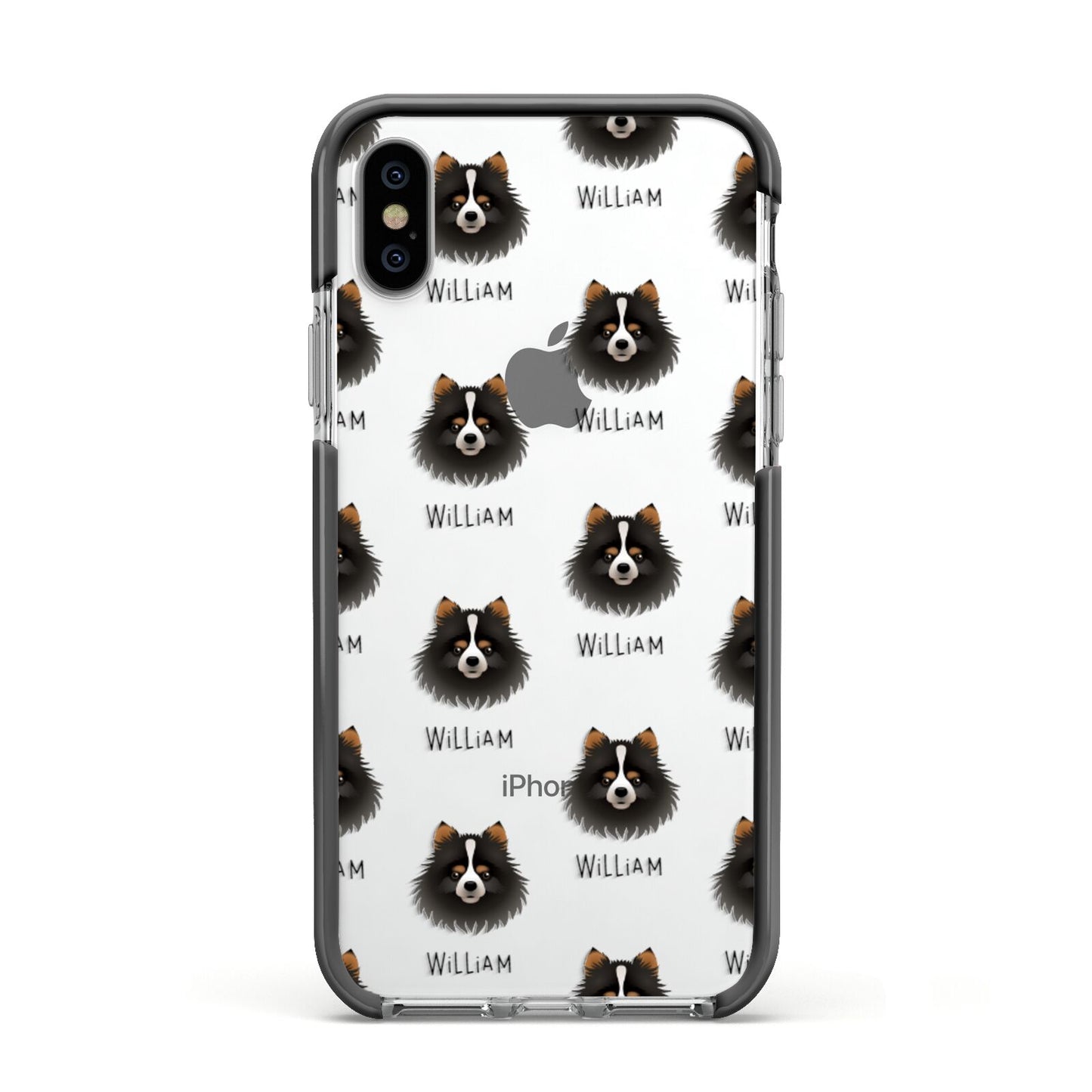 Pomchi Icon with Name Apple iPhone Xs Impact Case Black Edge on Silver Phone