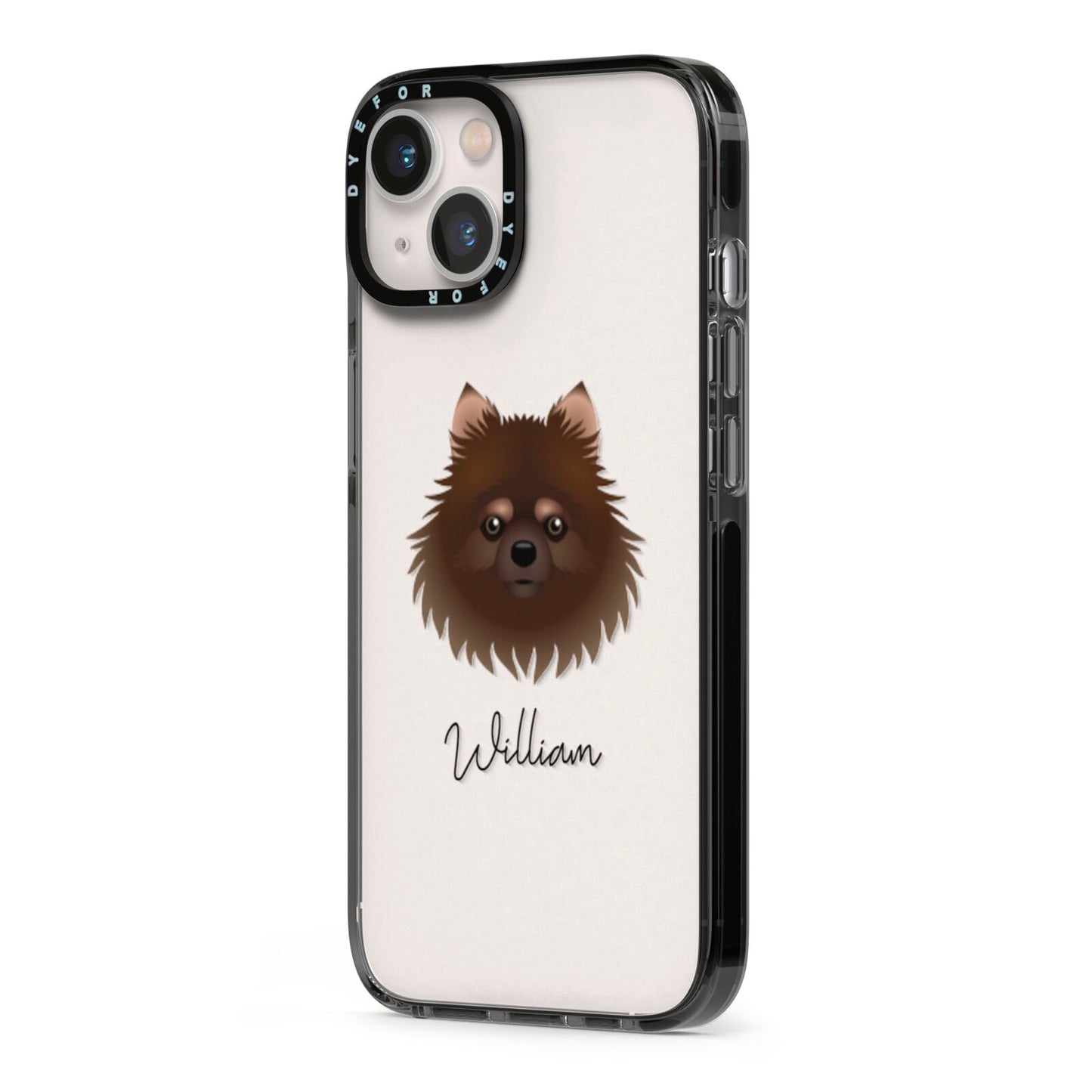 Pomchi Personalised iPhone 13 Black Impact Case Side Angle on Silver phone