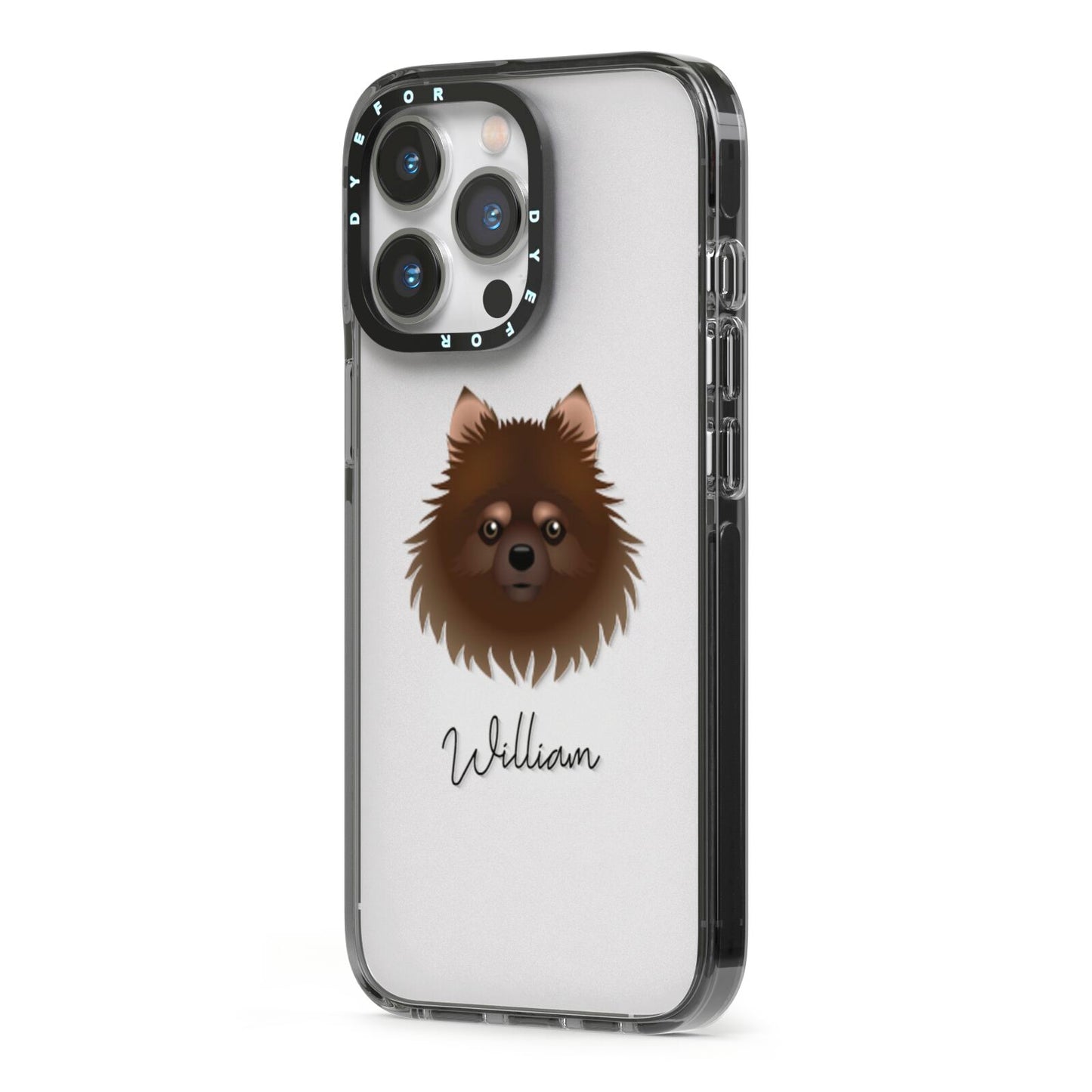 Pomchi Personalised iPhone 13 Pro Black Impact Case Side Angle on Silver phone