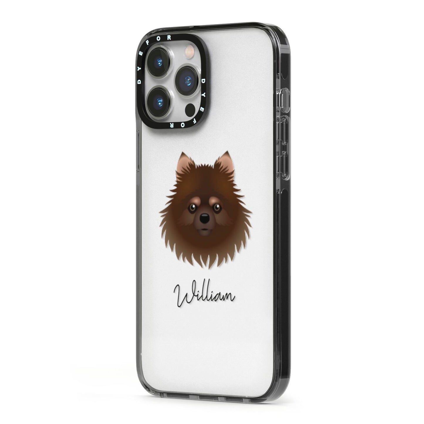 Pomchi Personalised iPhone 13 Pro Max Black Impact Case Side Angle on Silver phone