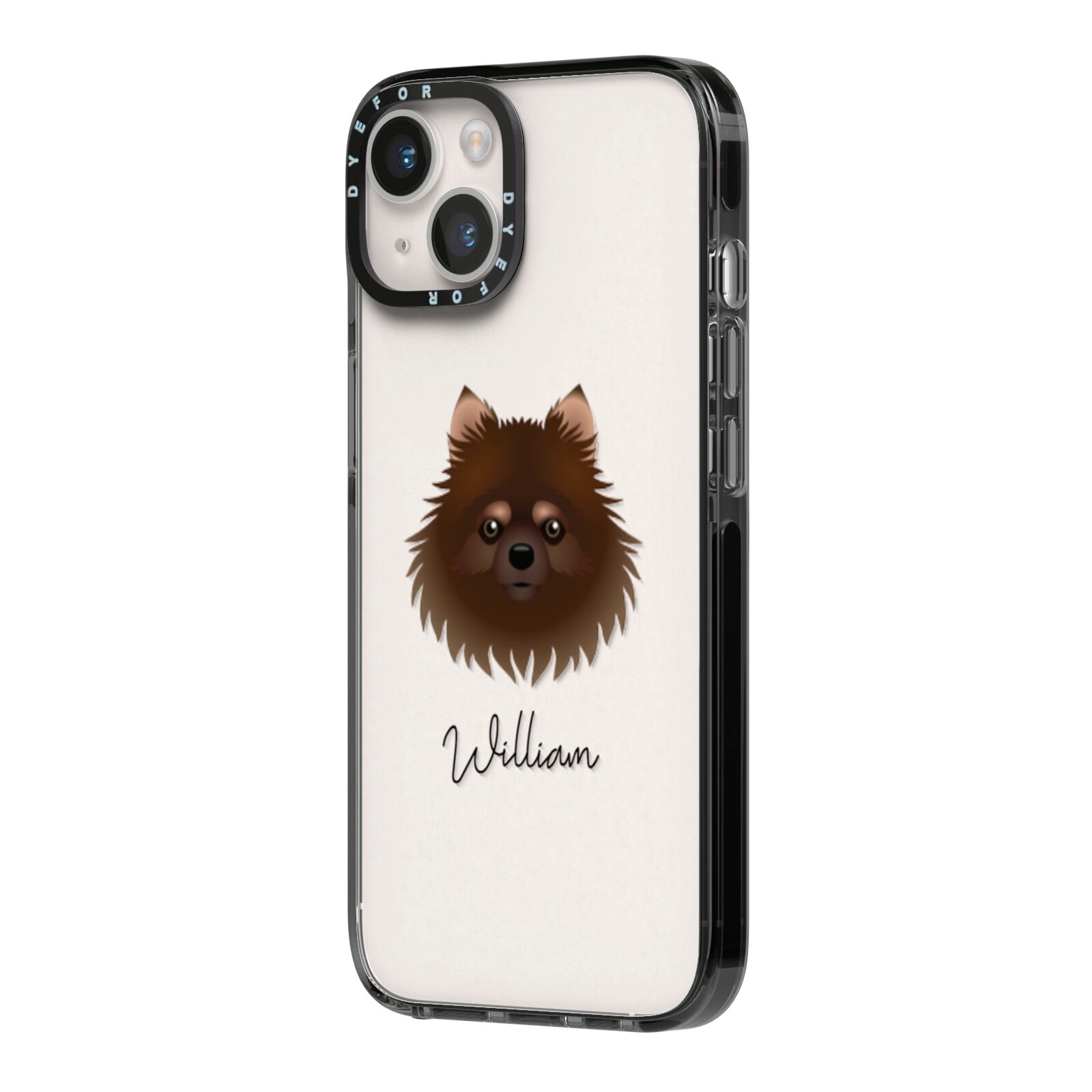 Pomchi Personalised iPhone 14 Black Impact Case Side Angle on Silver phone