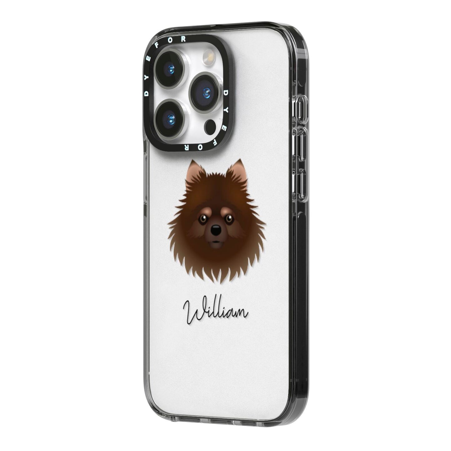 Pomchi Personalised iPhone 14 Pro Black Impact Case Side Angle on Silver phone