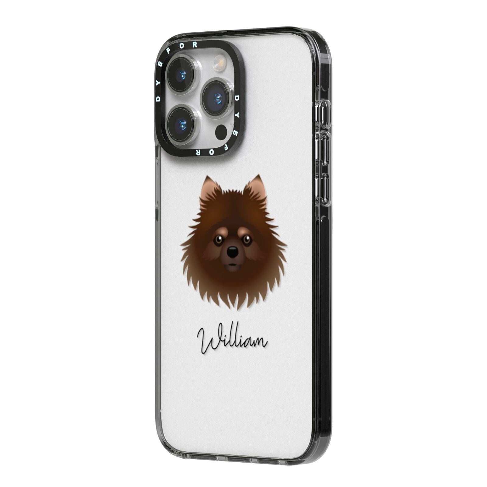 Pomchi Personalised iPhone 14 Pro Max Black Impact Case Side Angle on Silver phone