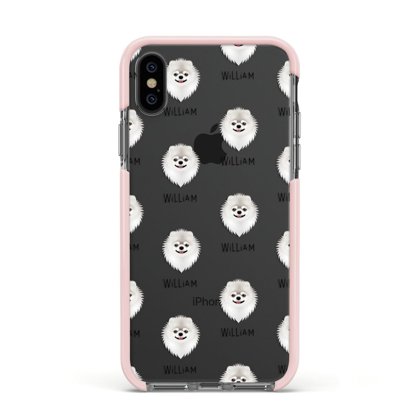 Pomeranian Icon with Name Apple iPhone Xs Impact Case Pink Edge on Black Phone