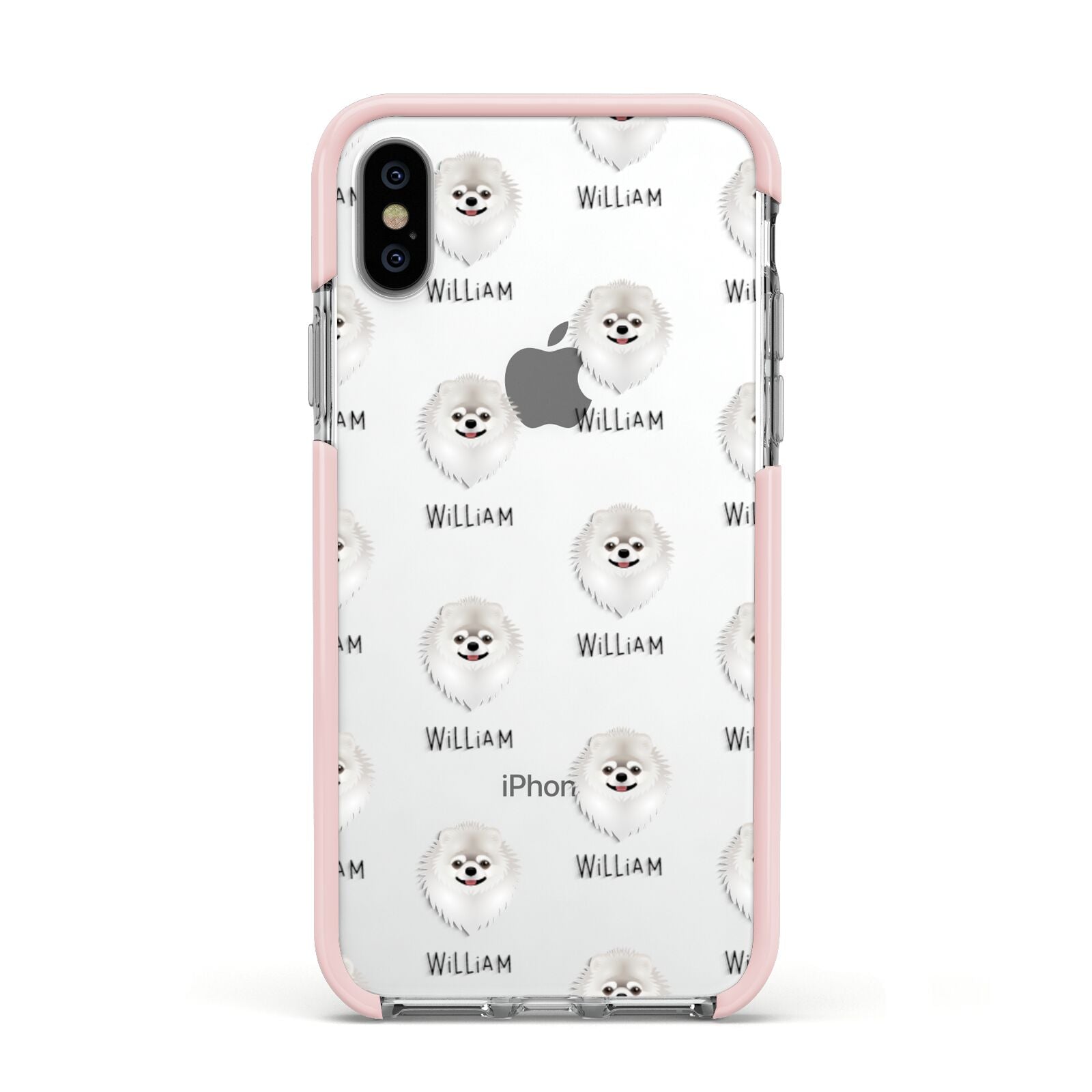 Pomeranian Icon with Name Apple iPhone Xs Impact Case Pink Edge on Silver Phone