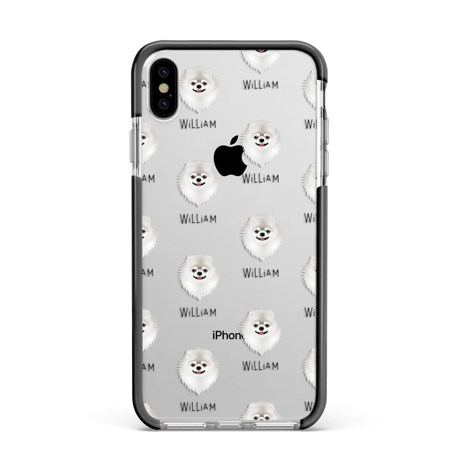 Pomeranian Icon with Name Apple iPhone Xs Max Impact Case Black Edge on Silver Phone