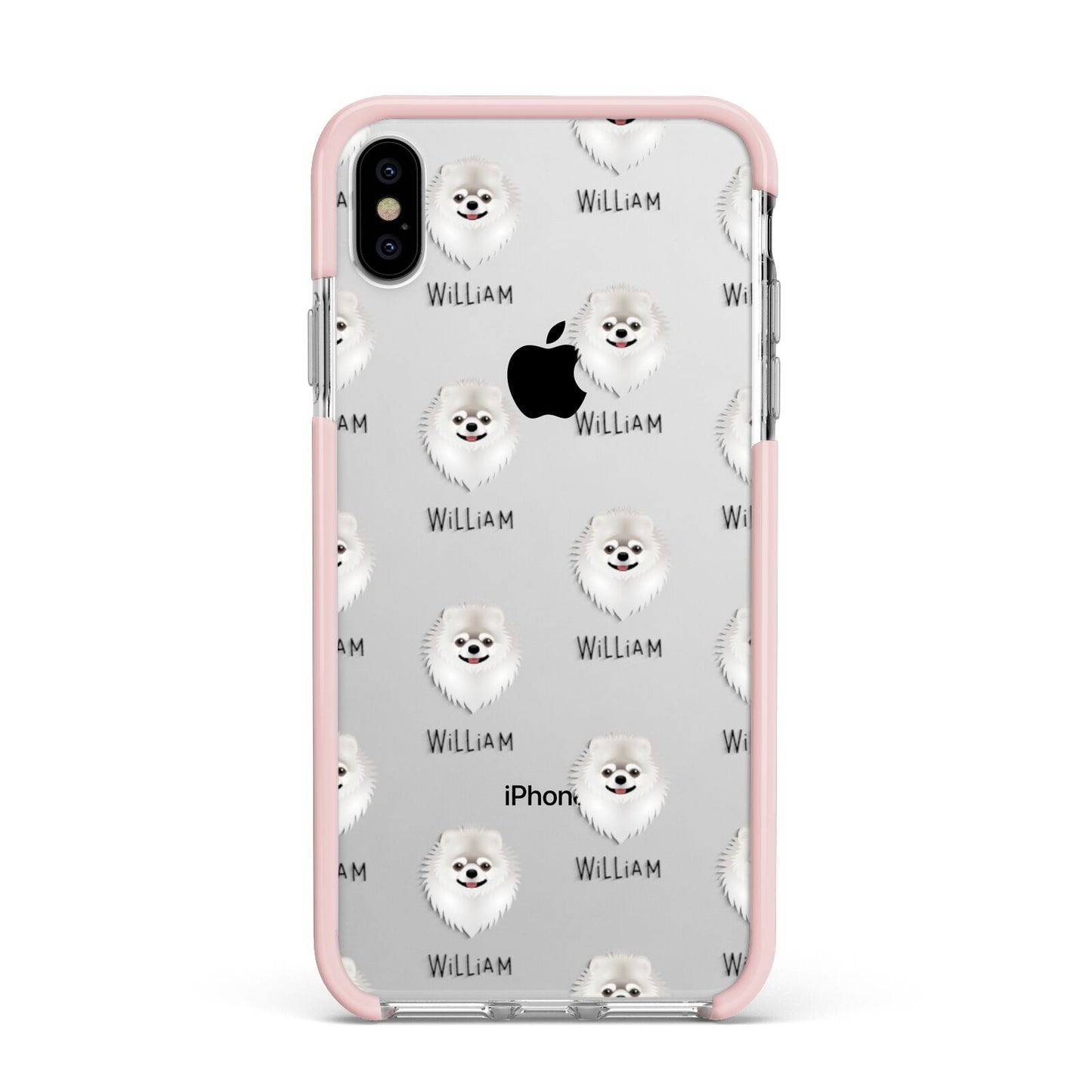 Pomeranian Icon with Name Apple iPhone Xs Max Impact Case Pink Edge on Silver Phone