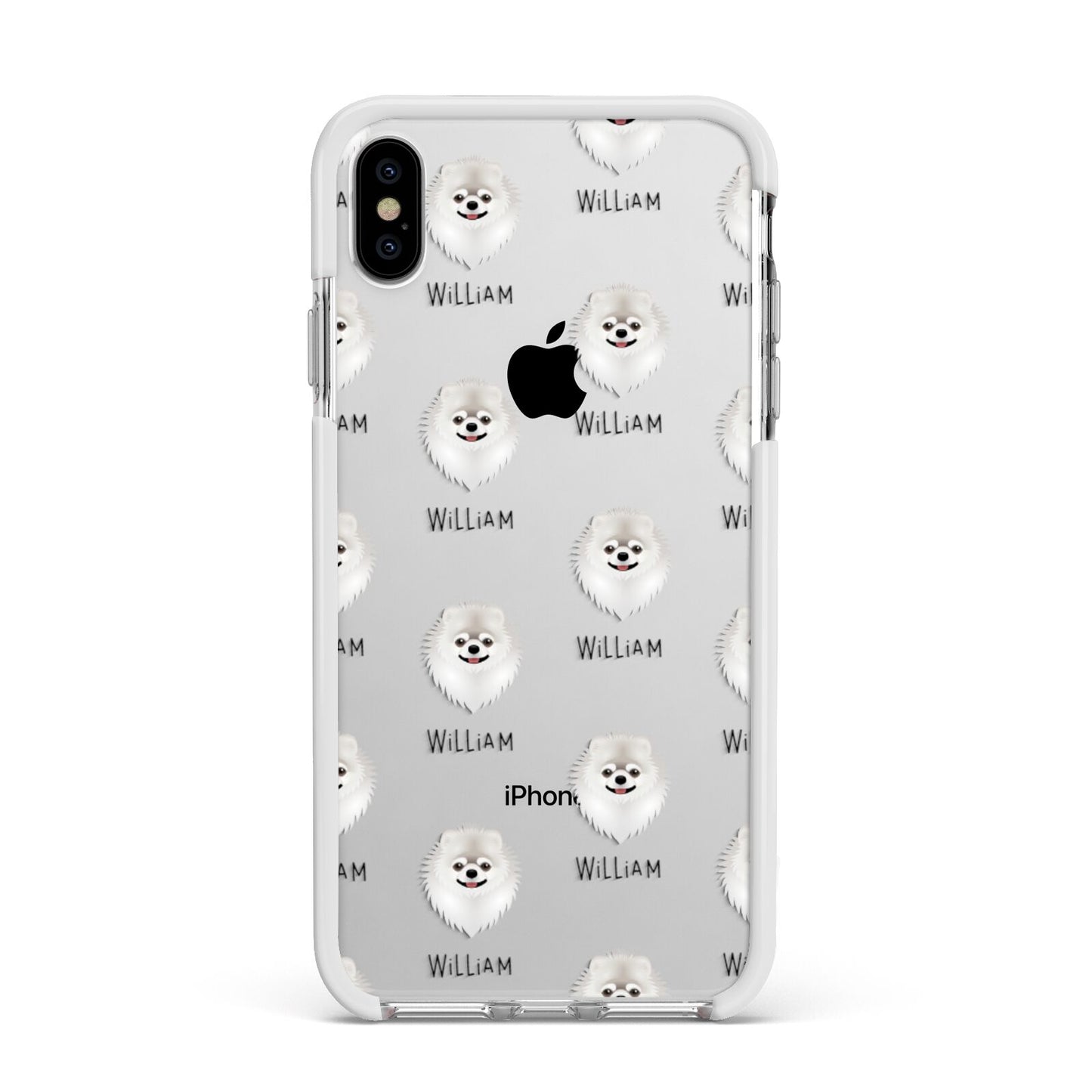 Pomeranian Icon with Name Apple iPhone Xs Max Impact Case White Edge on Silver Phone