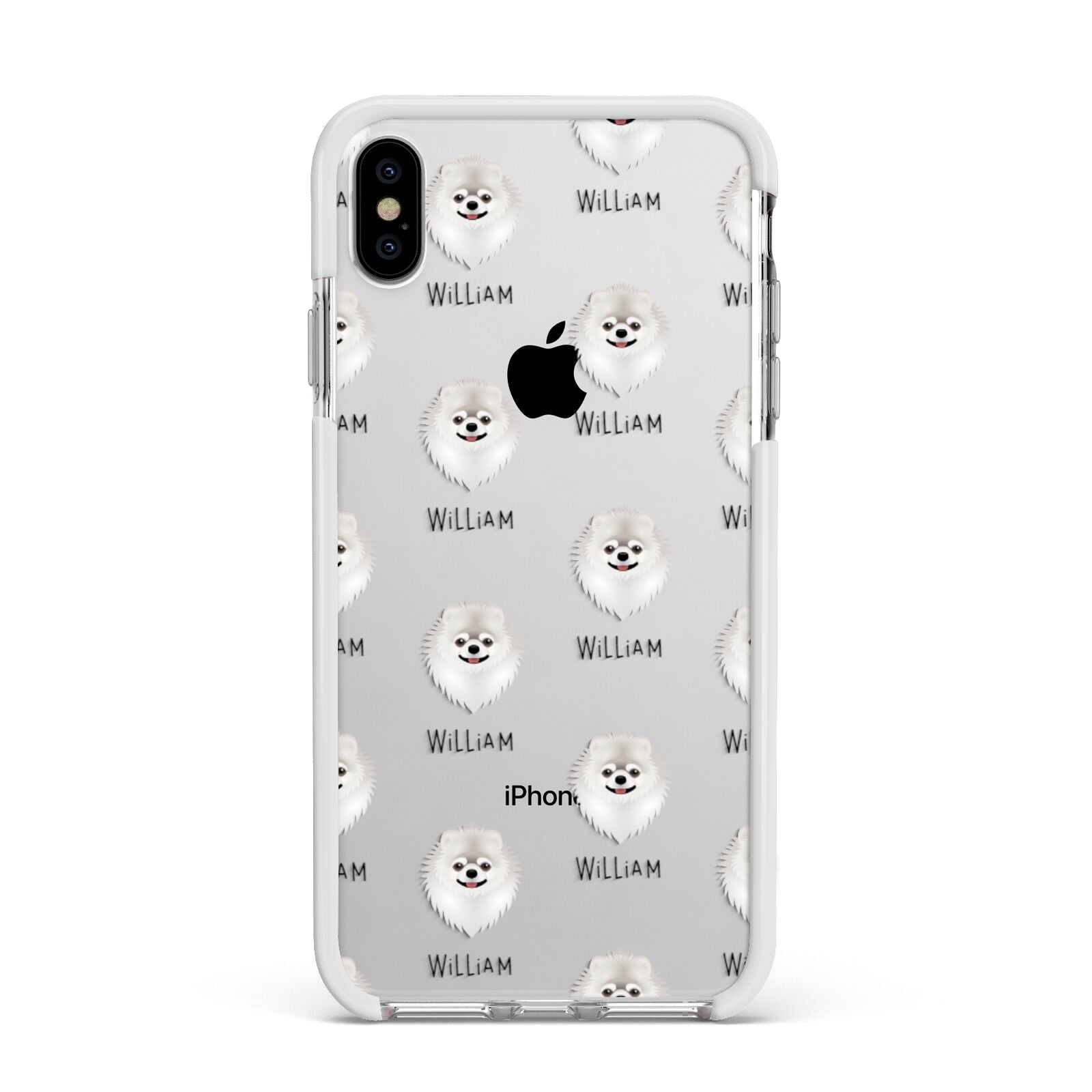 Pomeranian Icon with Name Apple iPhone Xs Max Impact Case White Edge on Silver Phone