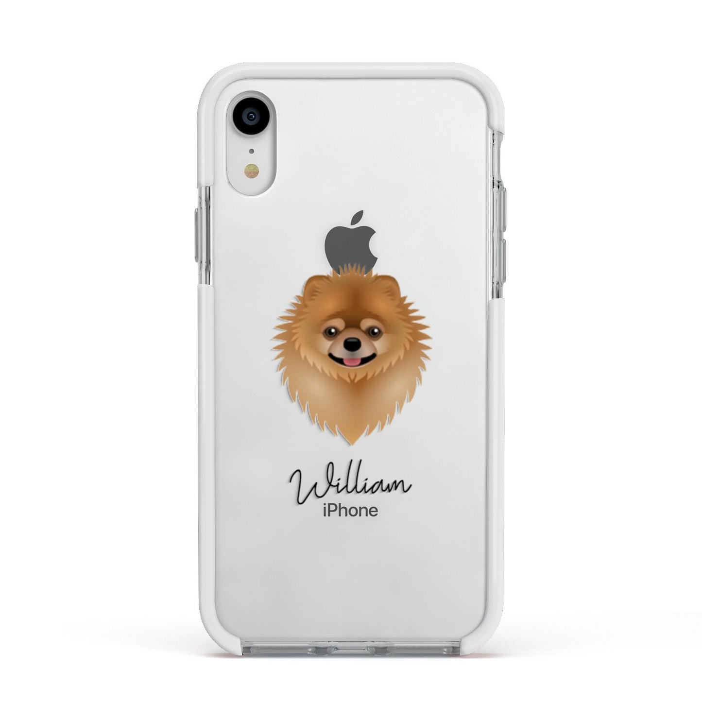 Pomeranian Personalised Apple iPhone XR Impact Case White Edge on Silver Phone