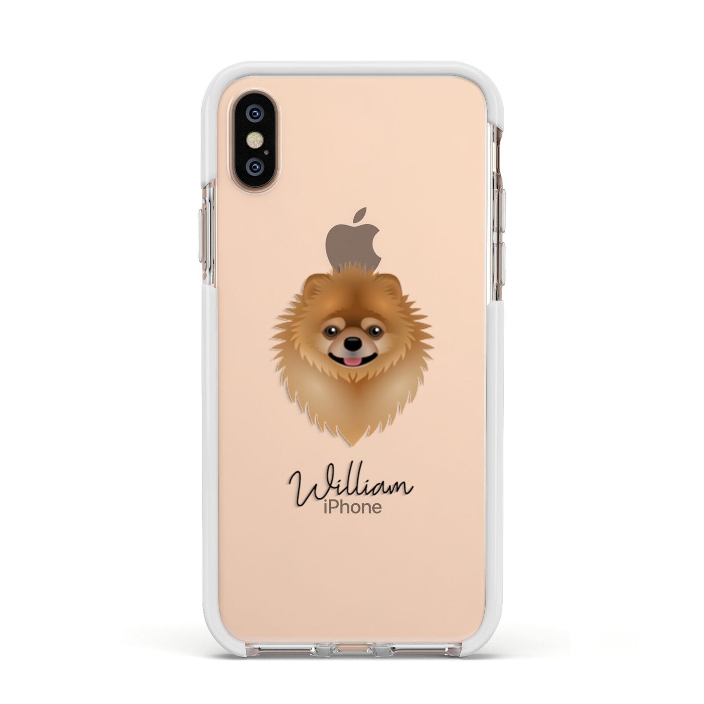 Pomeranian Personalised Apple iPhone Xs Impact Case White Edge on Gold Phone