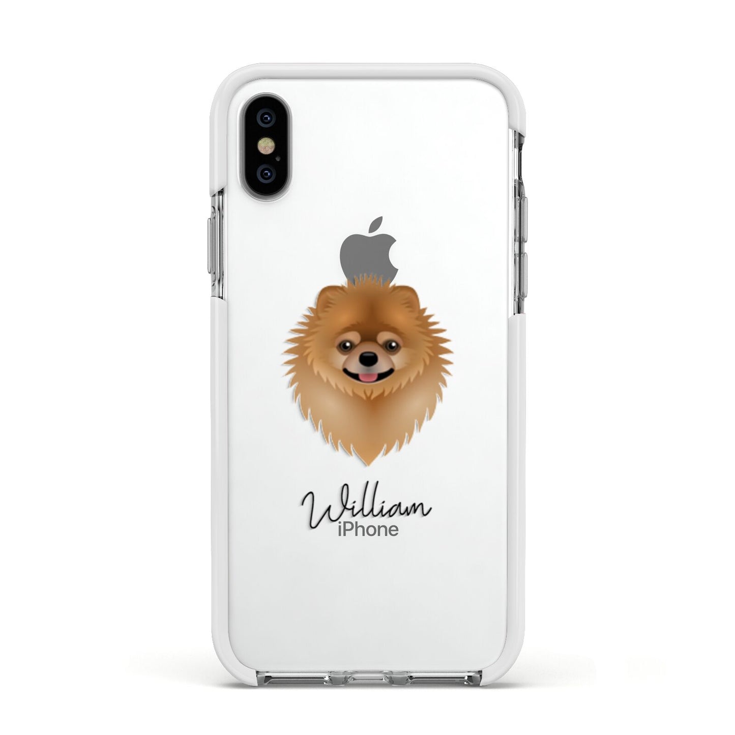 Pomeranian Personalised Apple iPhone Xs Impact Case White Edge on Silver Phone